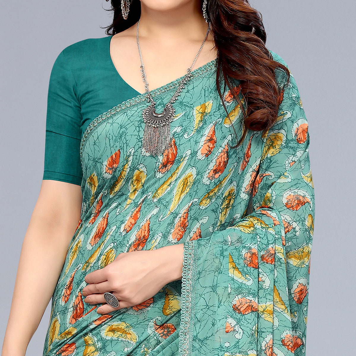 Rama Green Printed Georgette Saree With Crochet Border