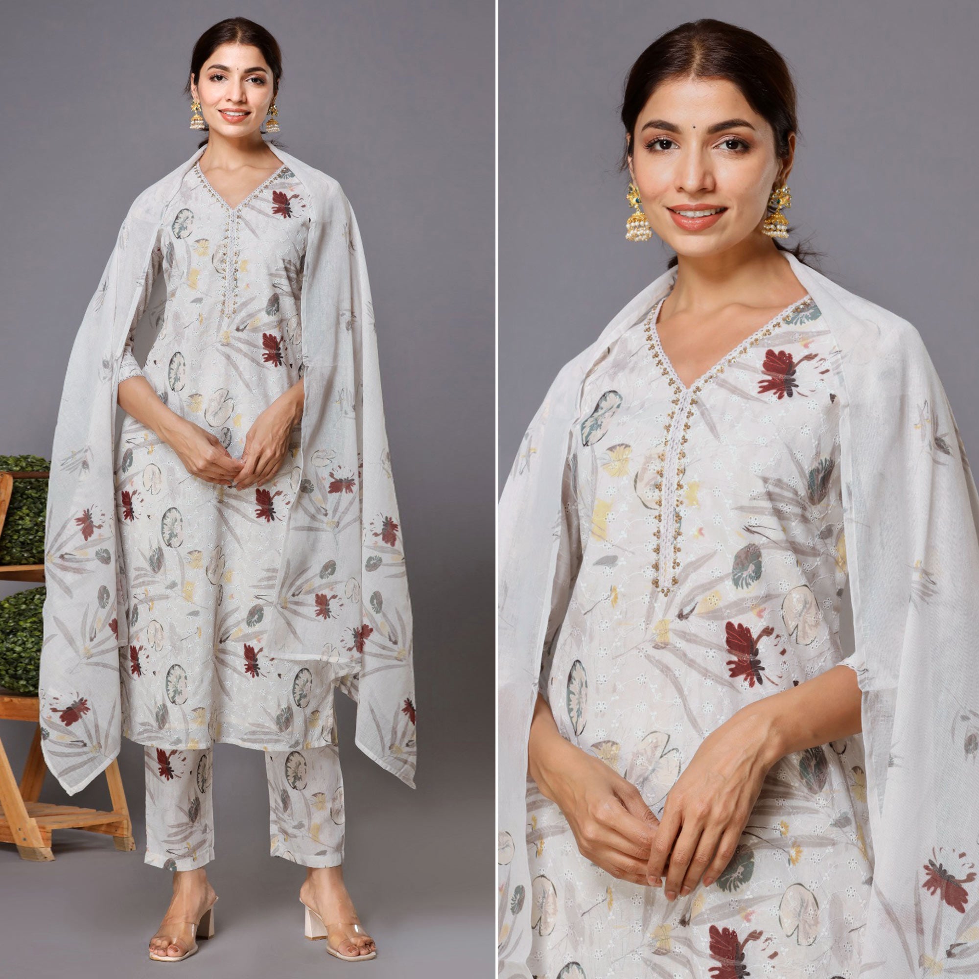 Off White Floral Printed With Embroidered Pure Cotton Suit