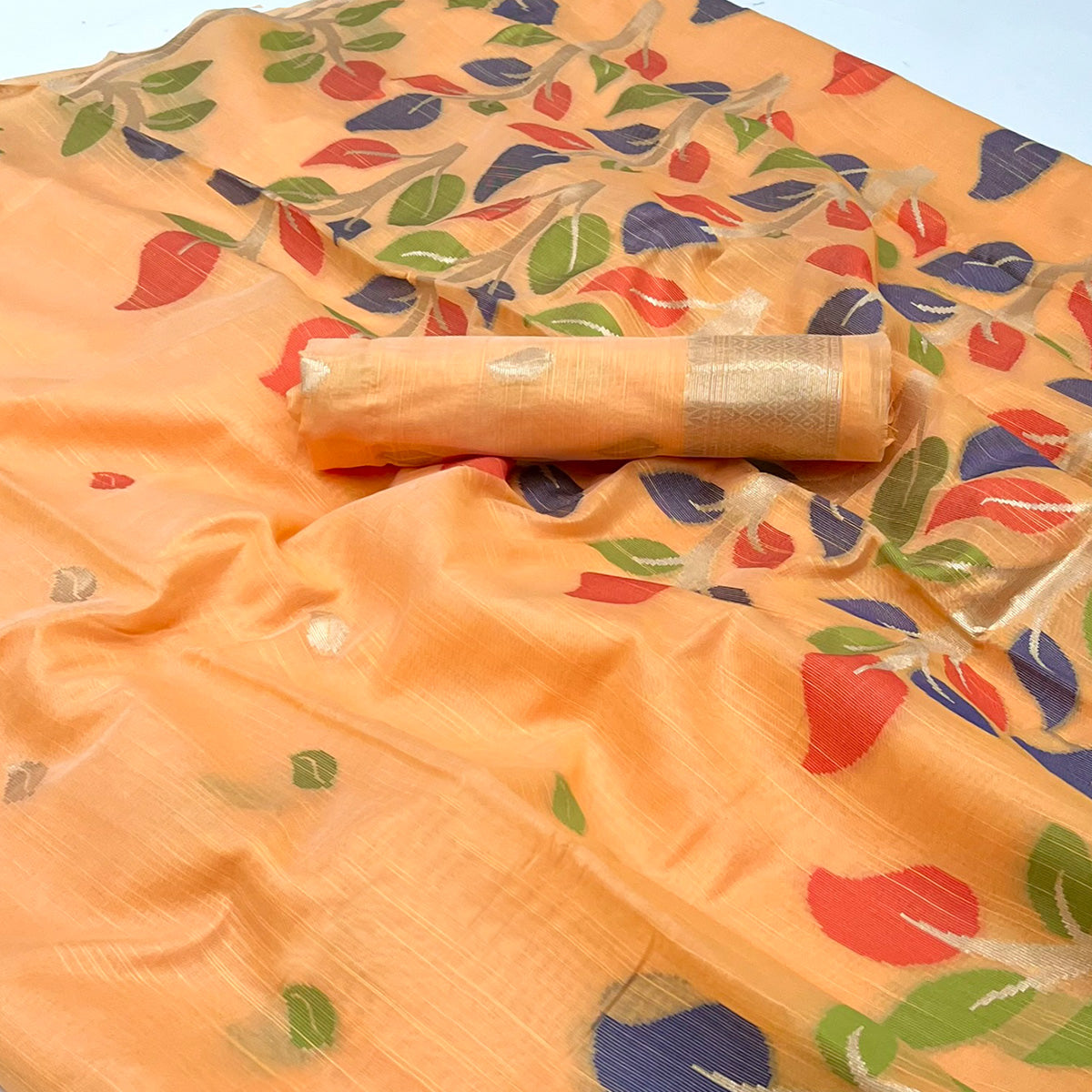 Orange Floral Woven Cotton Saree