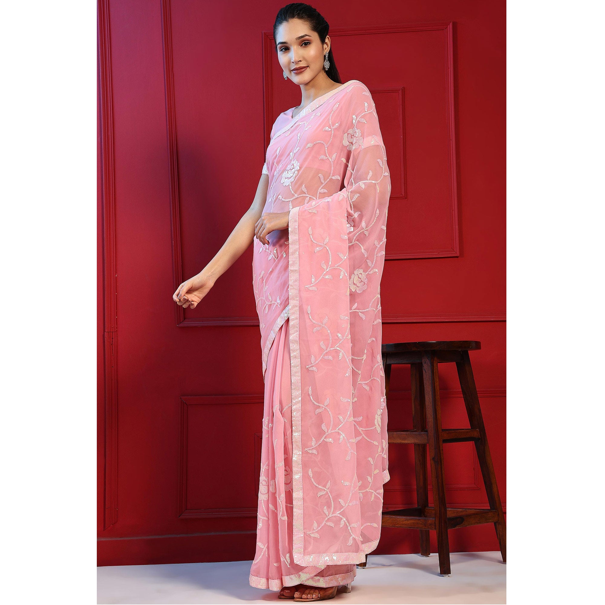 Pink Sequins Embroidered Georgette Saree