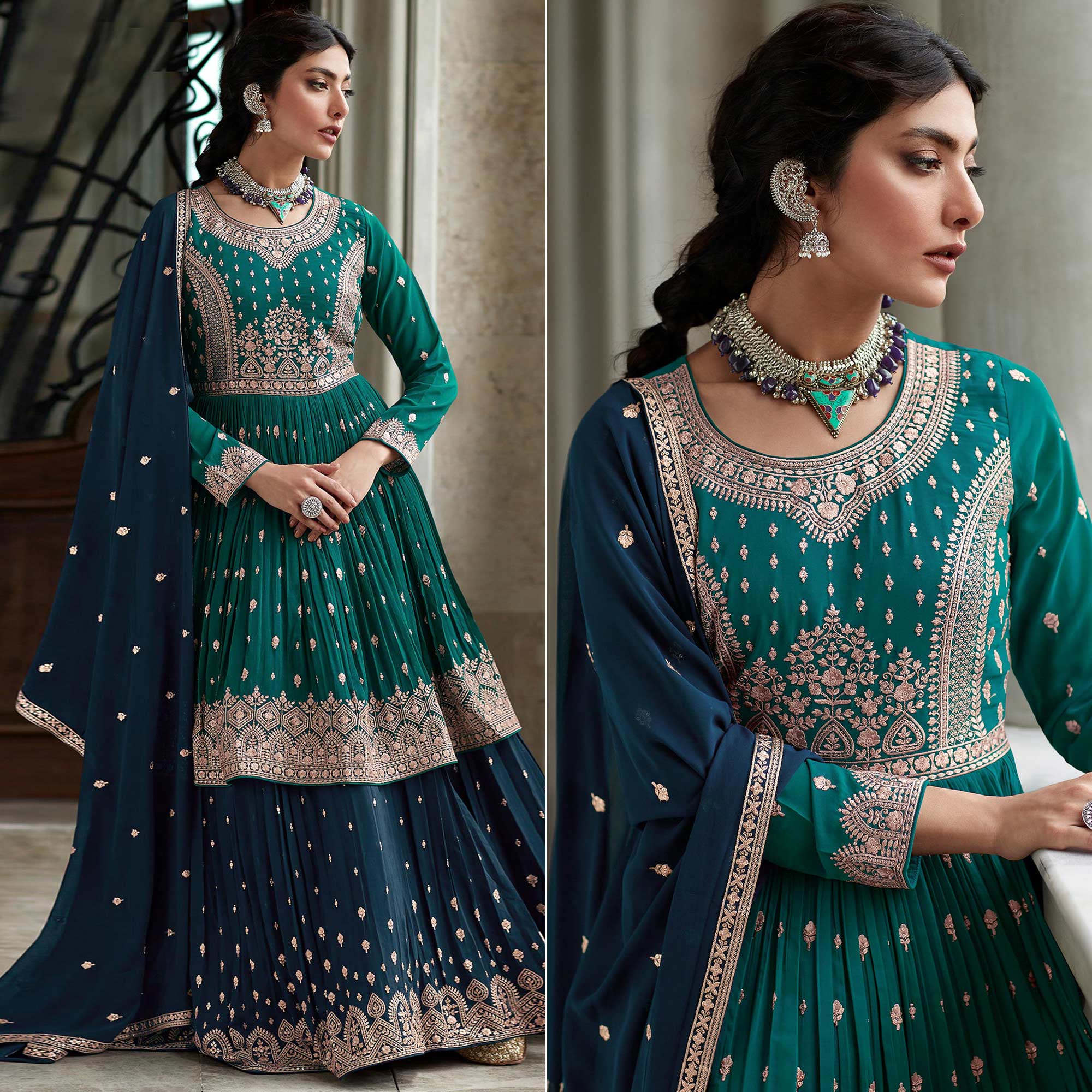 Rama Green Floral Embroidered Georgette Sharara Suit