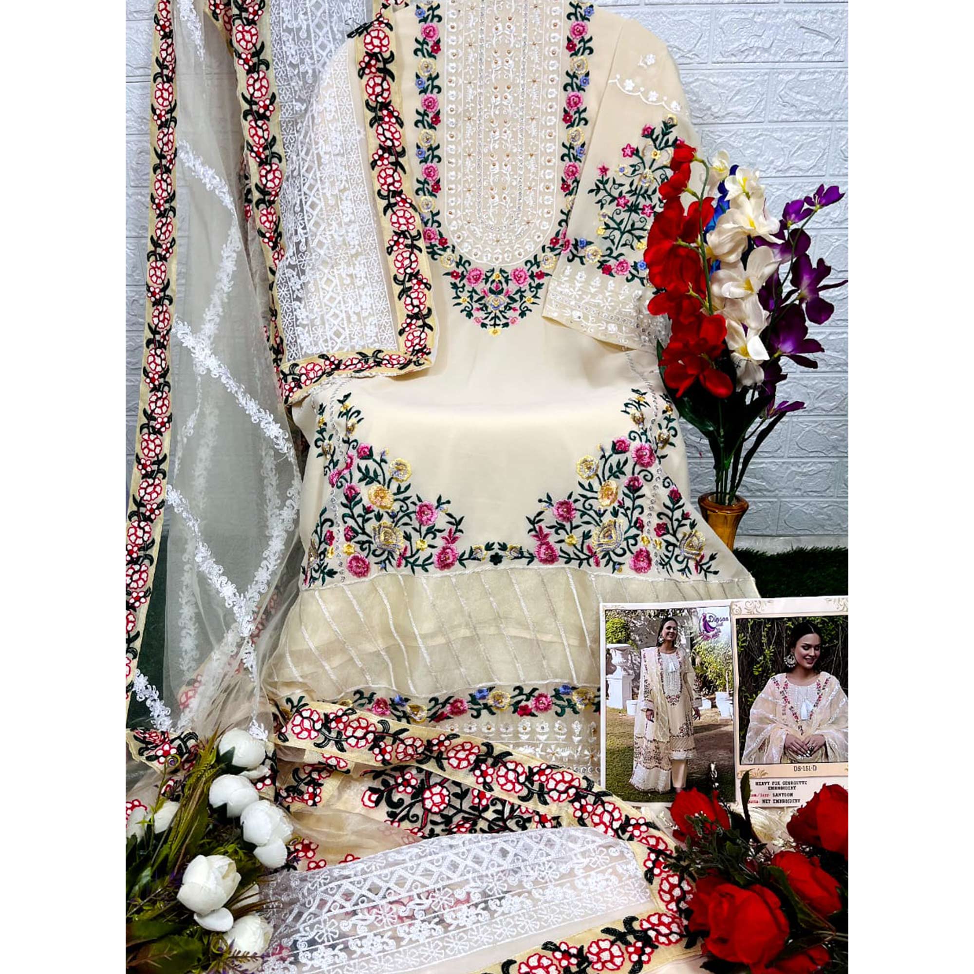 Cream Floral Embroidered Georgette Palazzo Suit