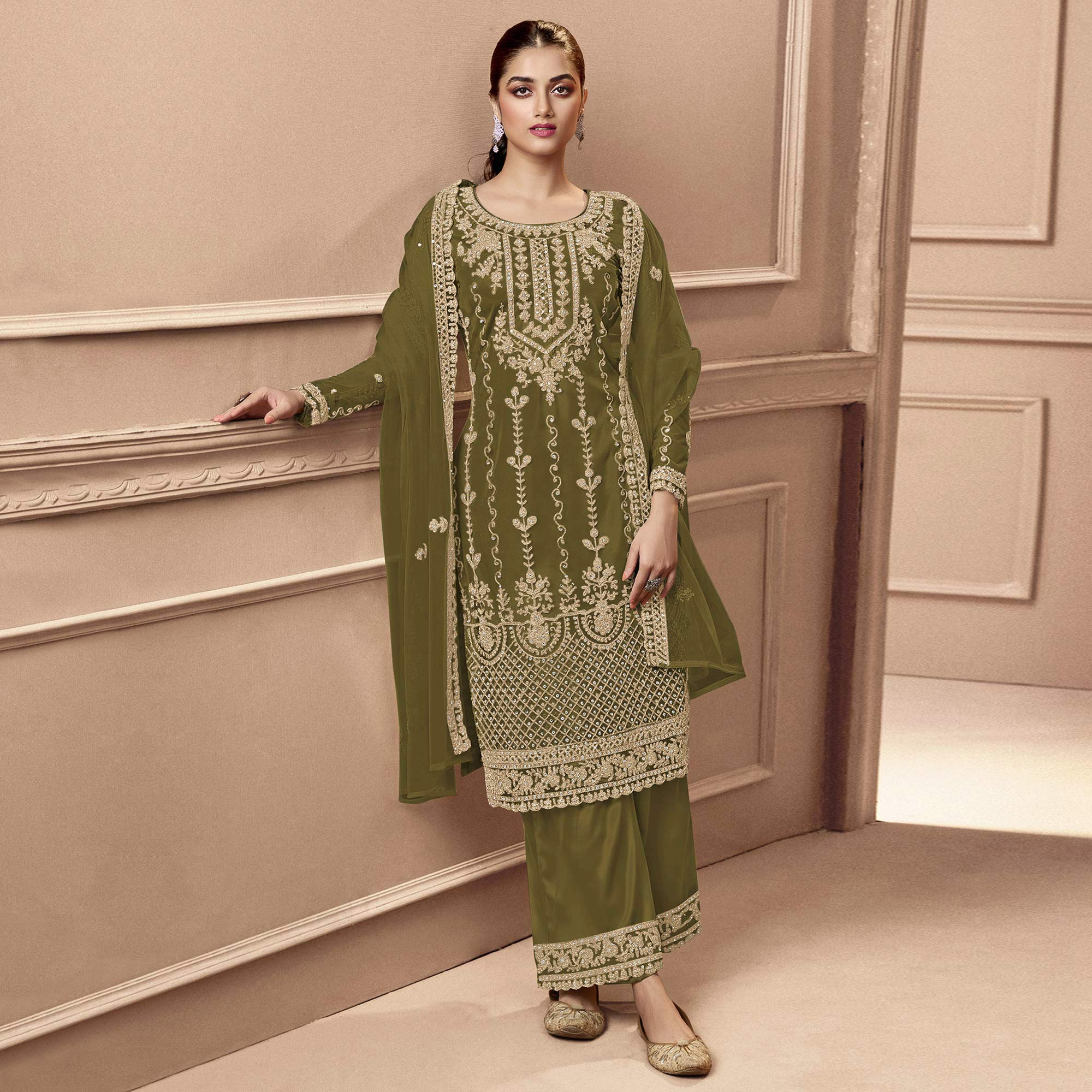 Mahendi Green Floral Embroidered Netted Pakistani Suit