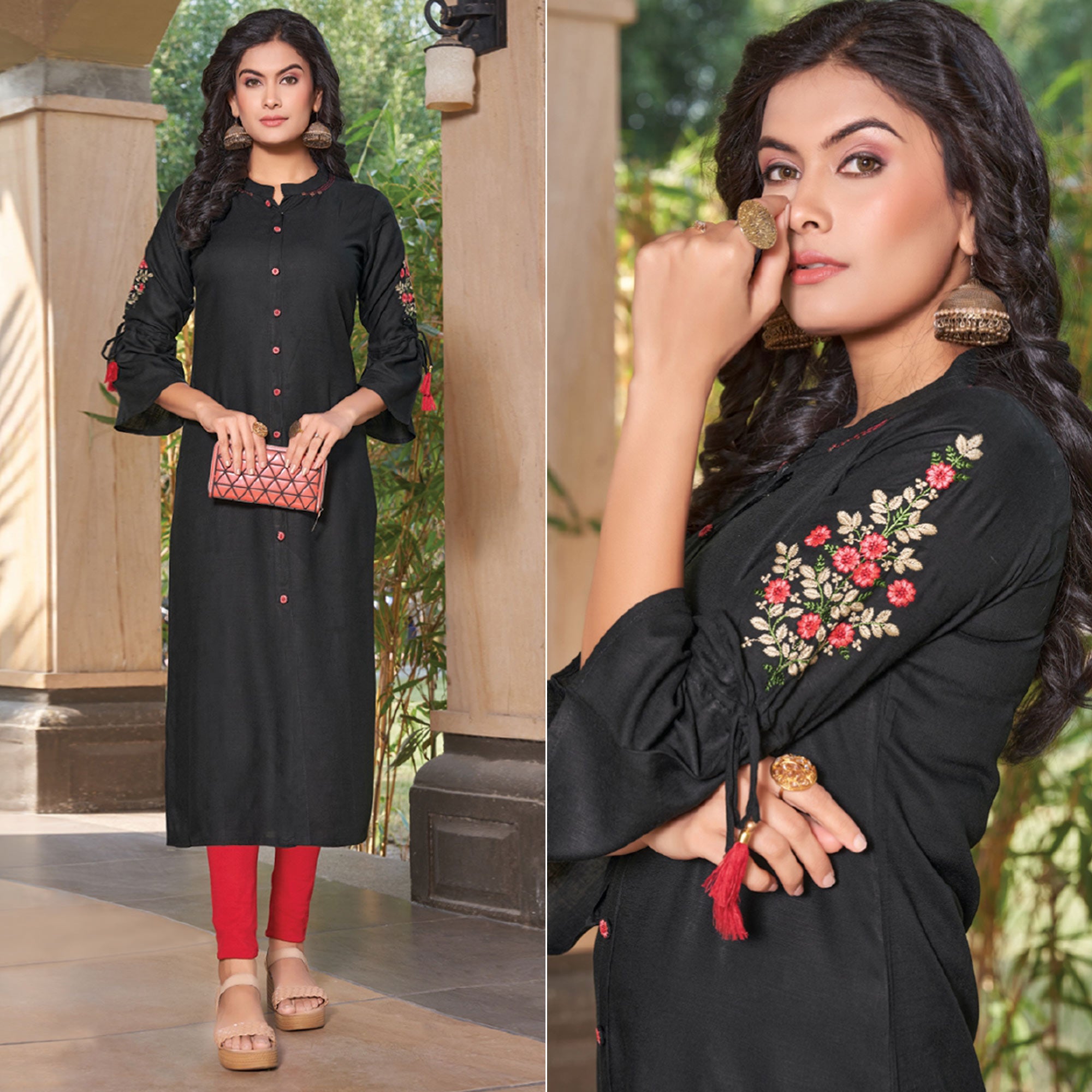 Black Floral Embroidered Rayon Kurti