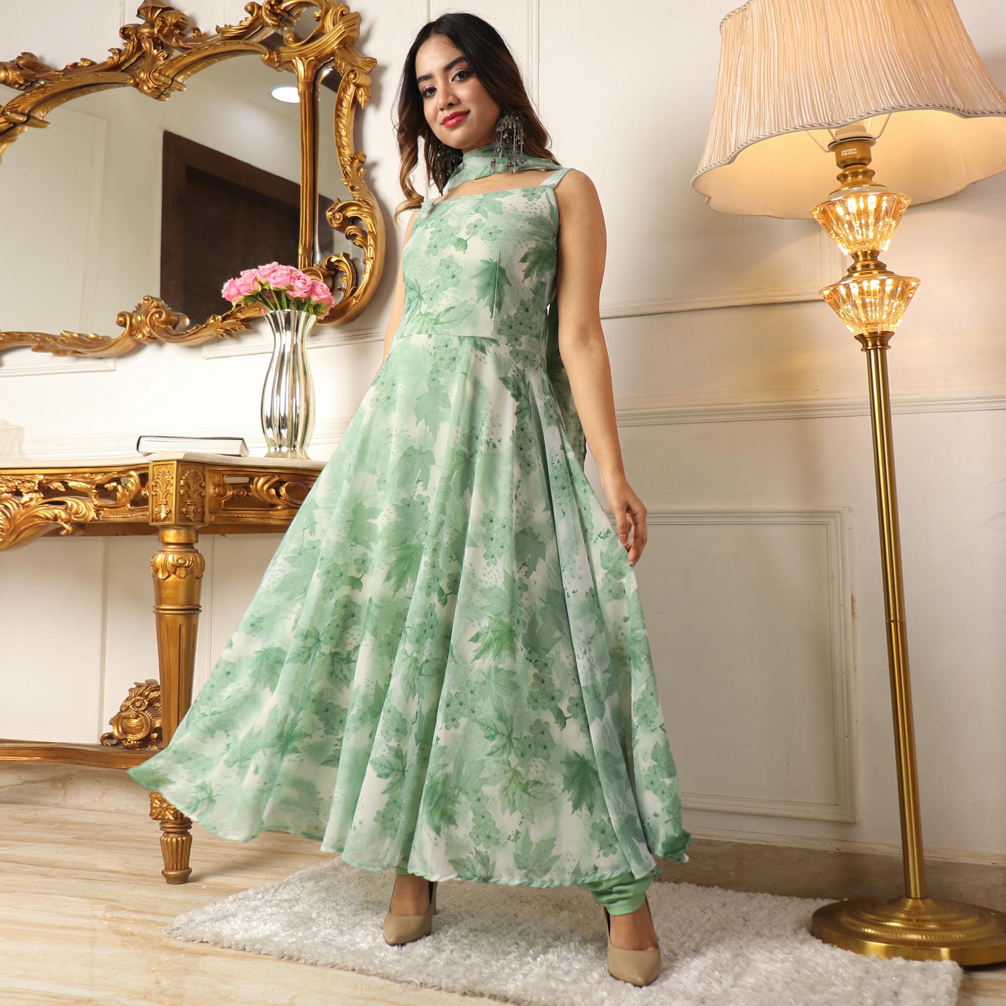 Green Floral Printed Georgette Anarkali Suit