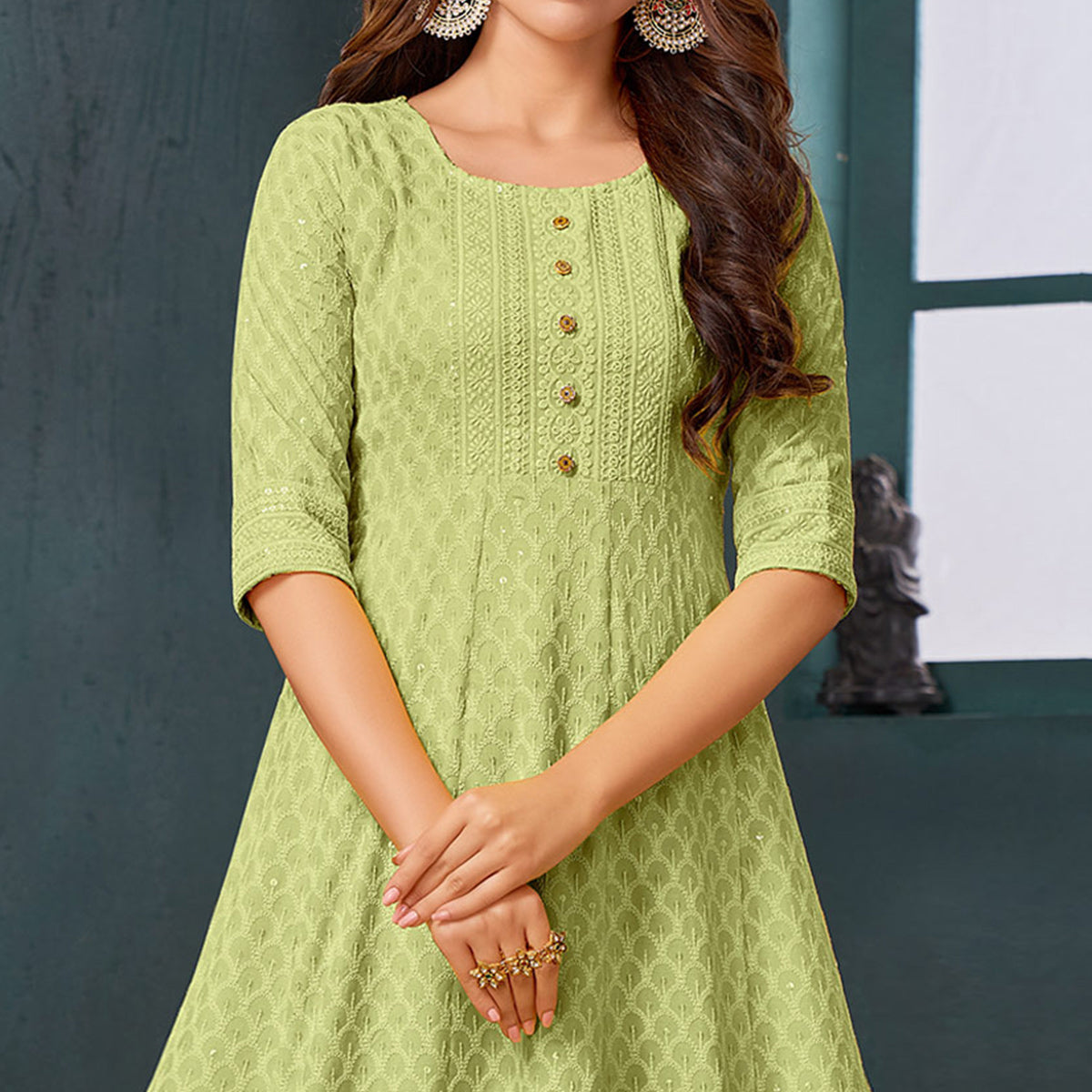 Green Chikankari Work Aanarkali Style Rayon Kurti