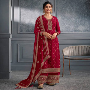 Red Woven With Sequins Embroidered Dola Silk Palazzo Suit