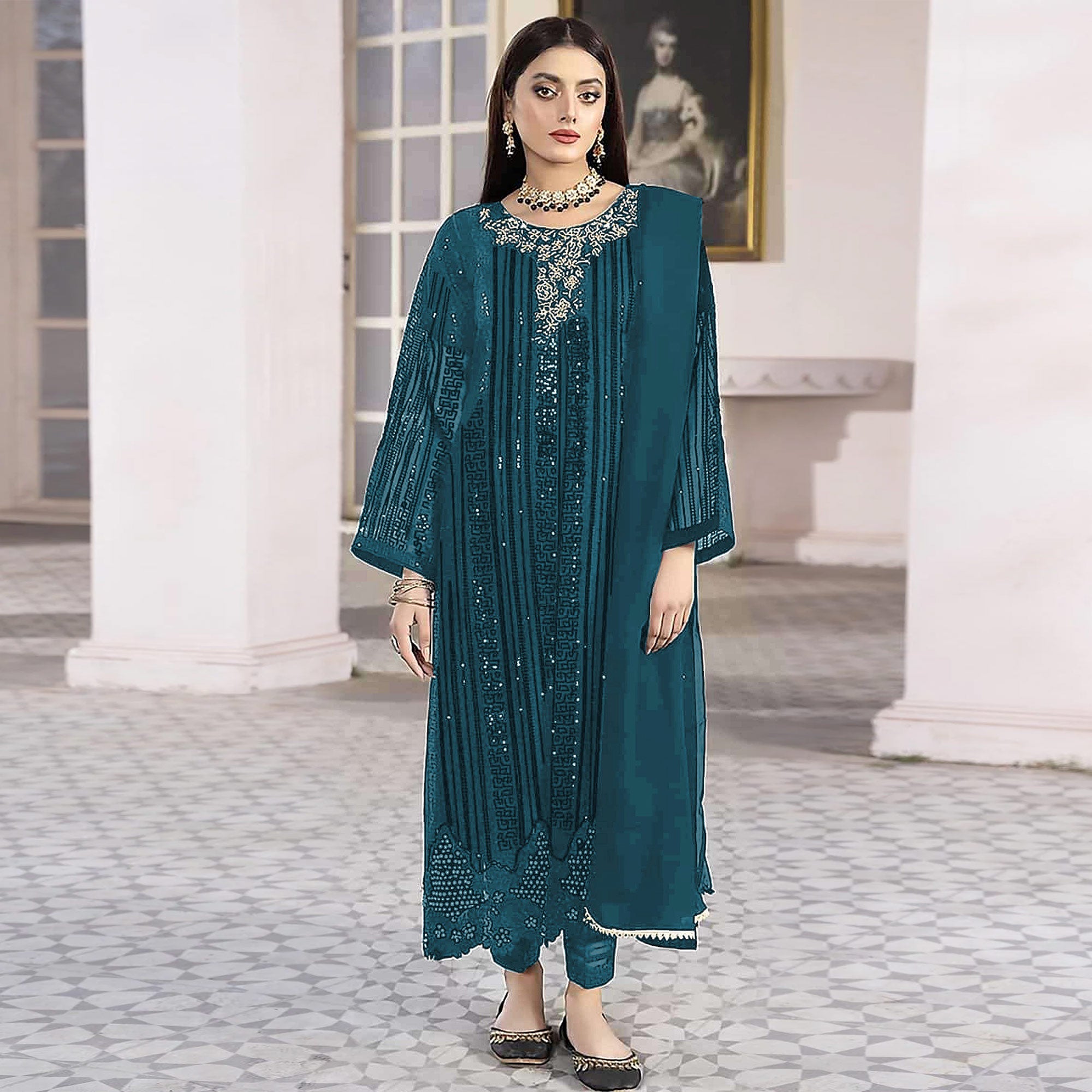 Teal Blue Sequins Embroidered Georgette Pakistani Suit