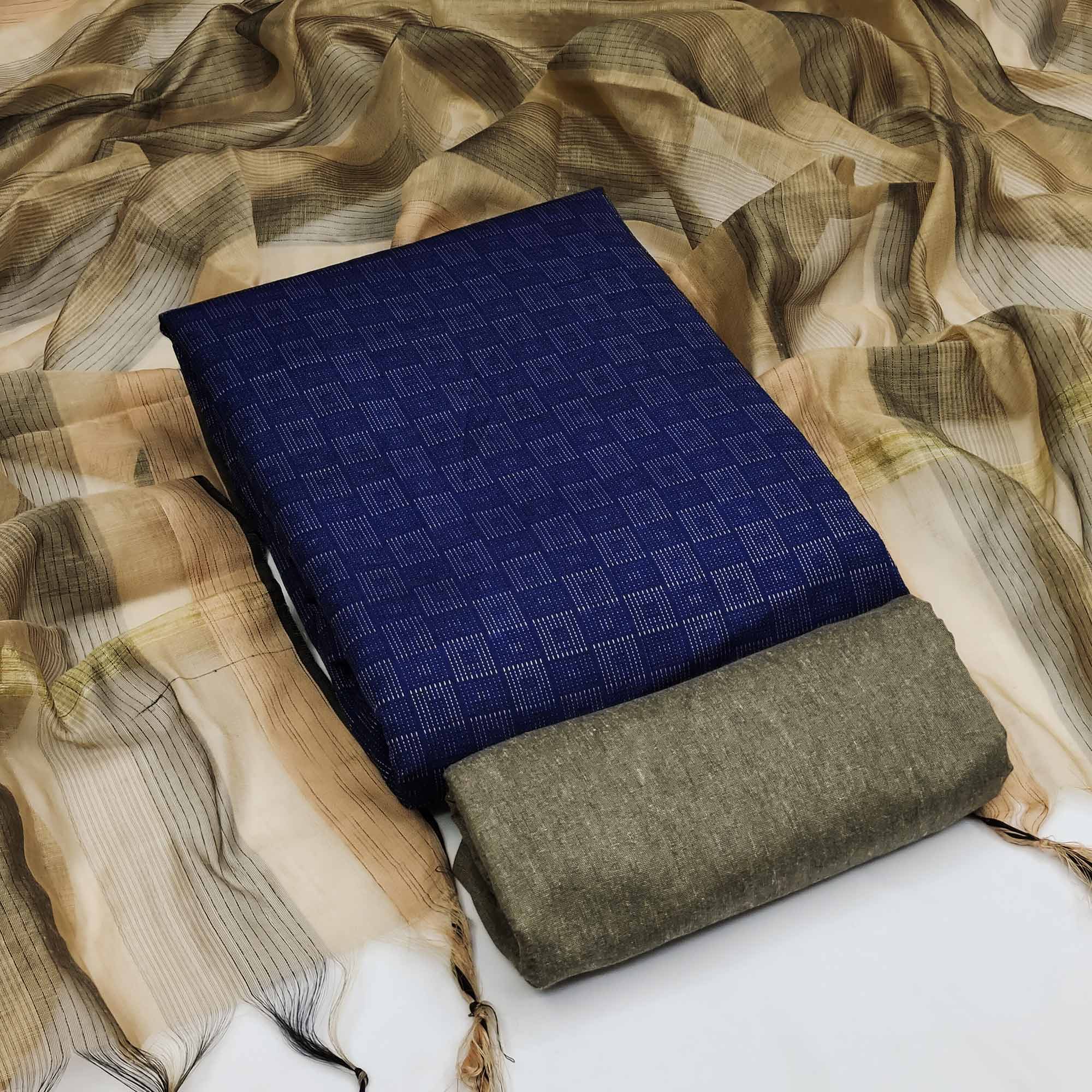 Royal Blue Woven Cotton Blend Dress Material