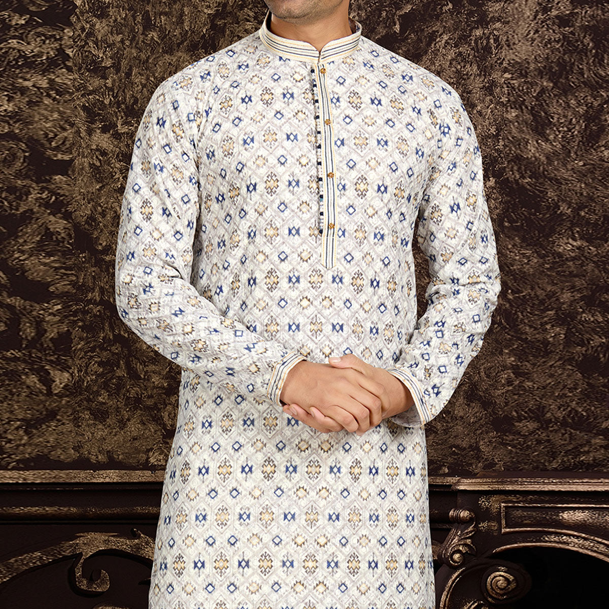 White Lucknowi And Digital Printed Cotton Kurta Pyjama Set