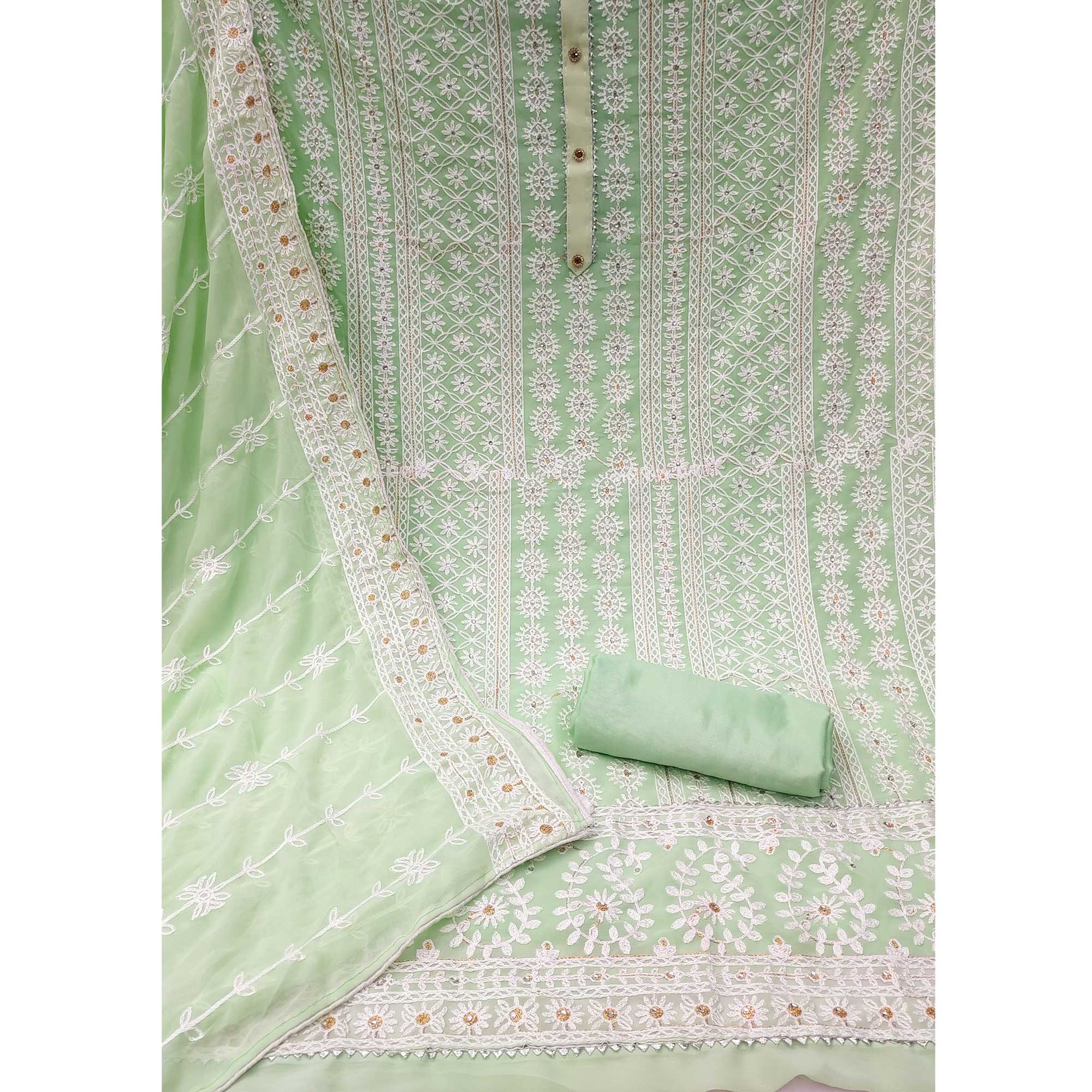 Green Lucknowi Embroidered Georgette Dress Material