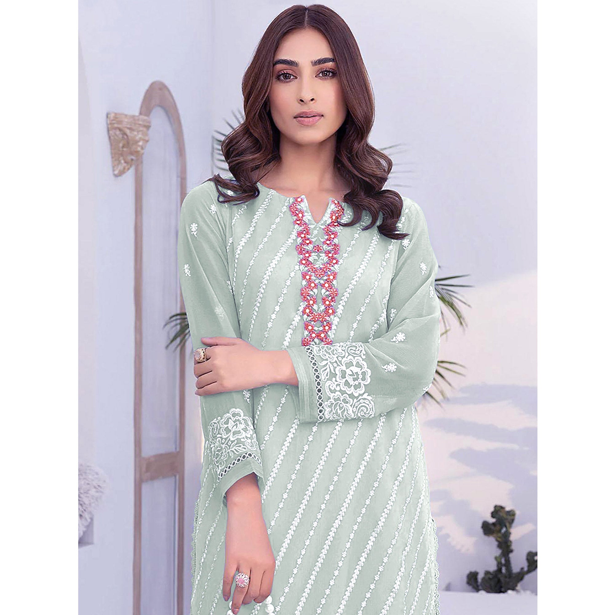 Green Floral Embroidered Georgette Semi Stitched Suit