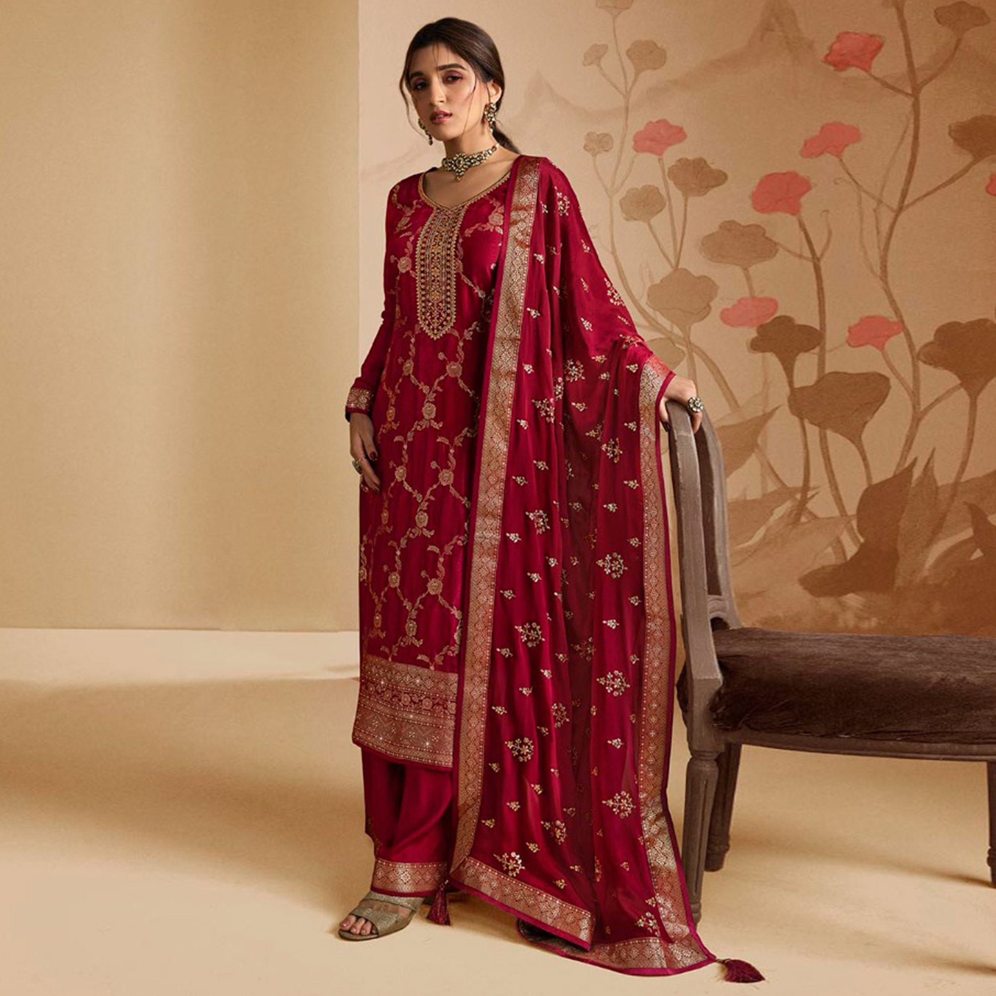Red Woven And Embroidered Dola Silk Palazzo Suit