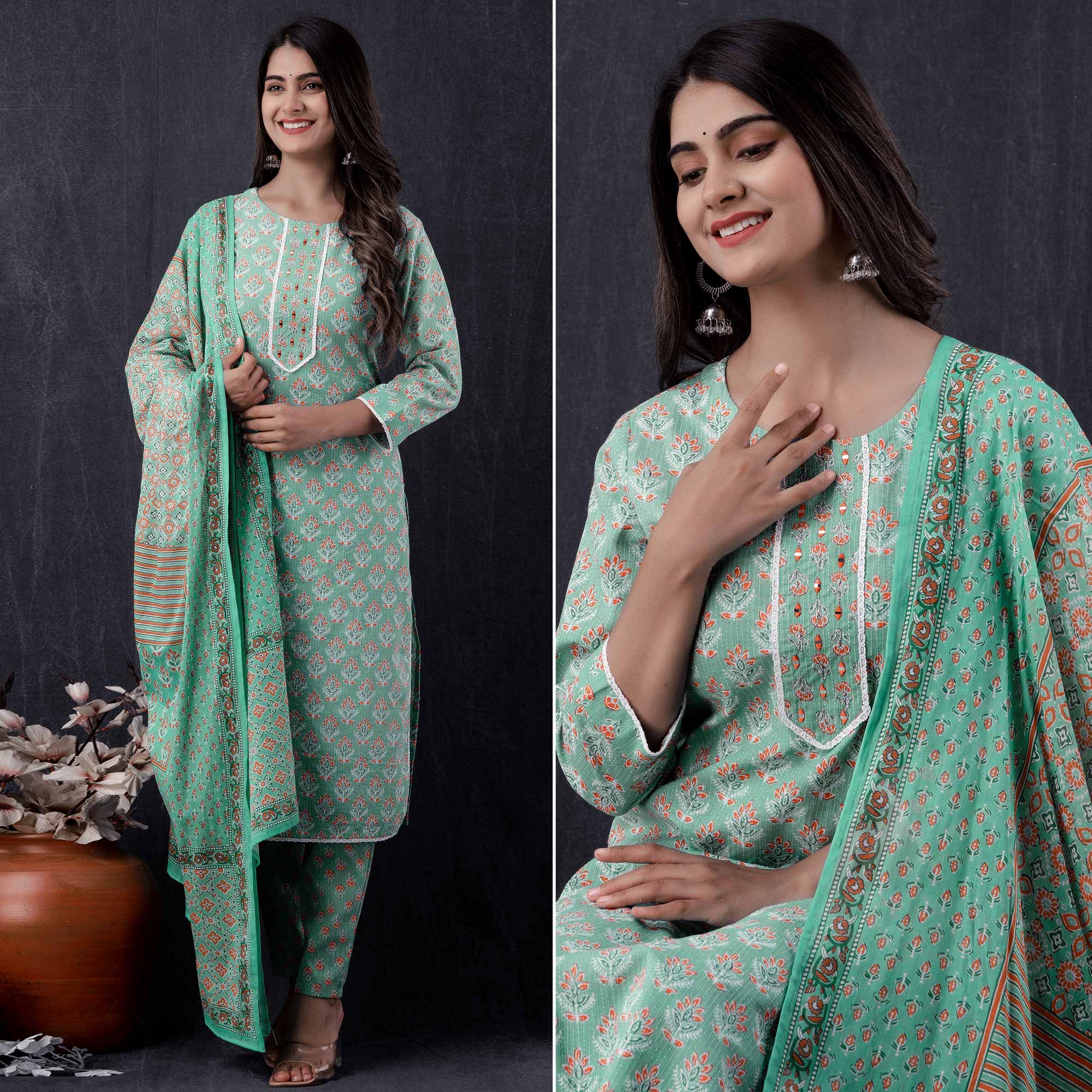 Green Jaipuri Printed Pure Cotton Suit