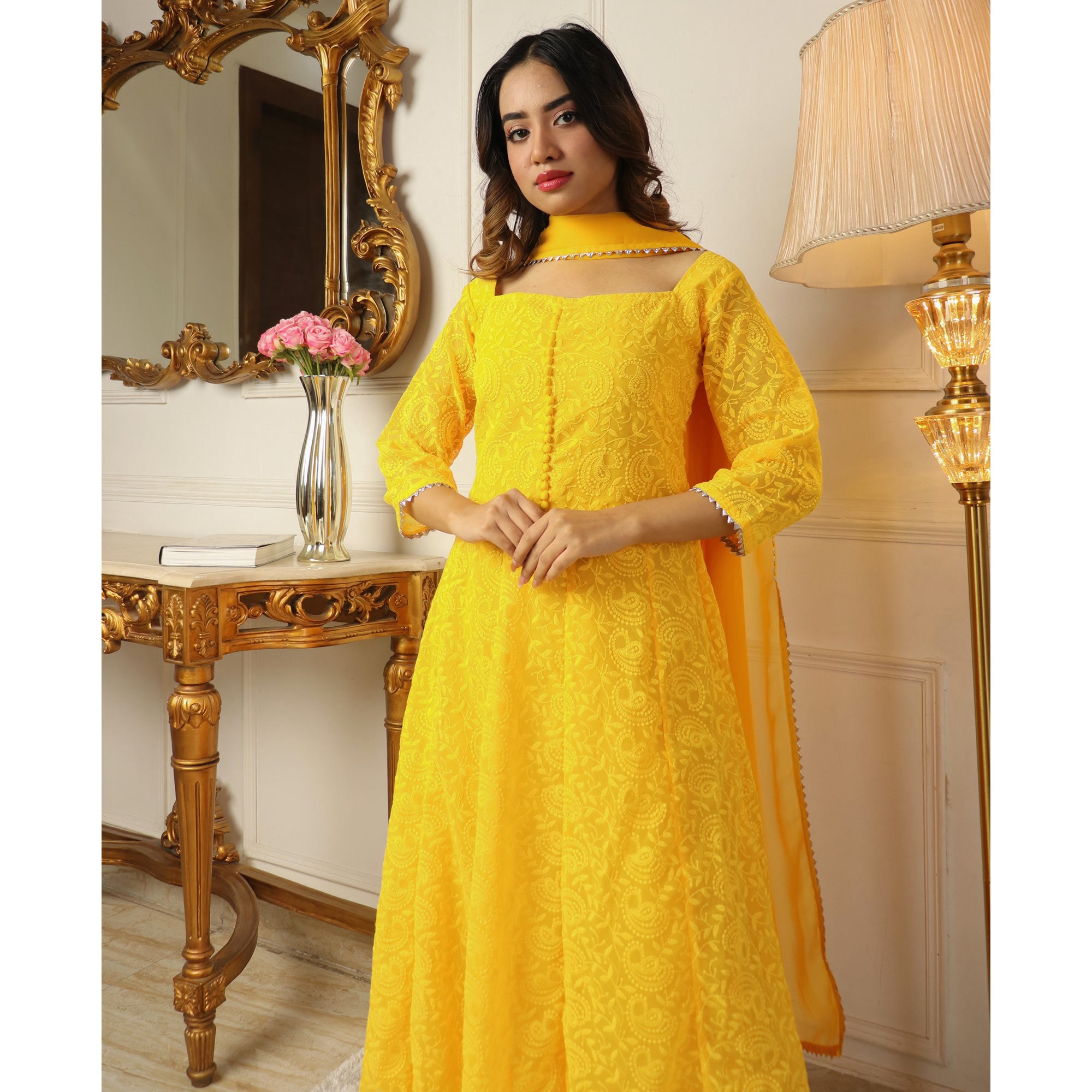 Yellow Chikankari Work Georgette Anarkali Suit