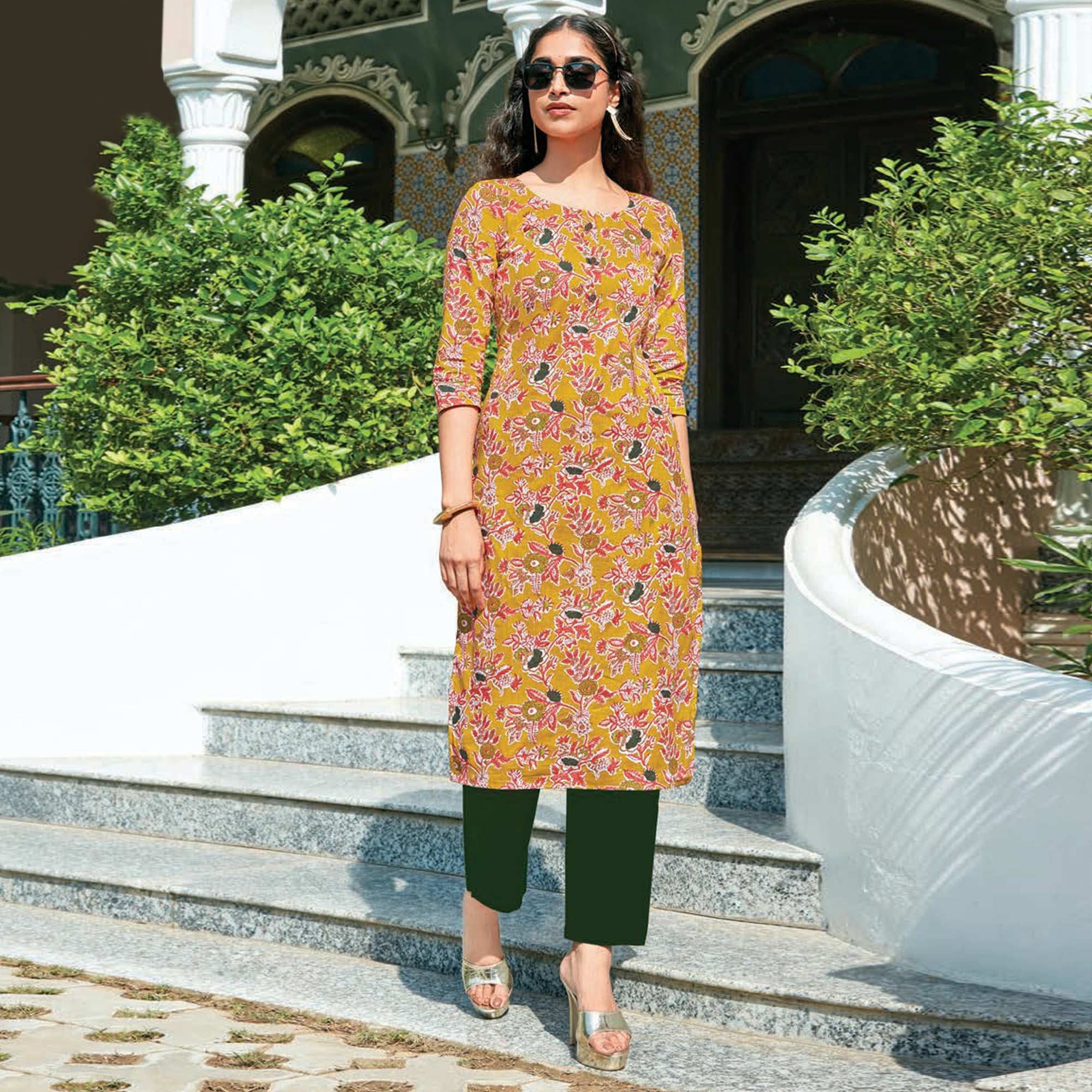 Mustard Floral Printed Cotton Blend Kurti