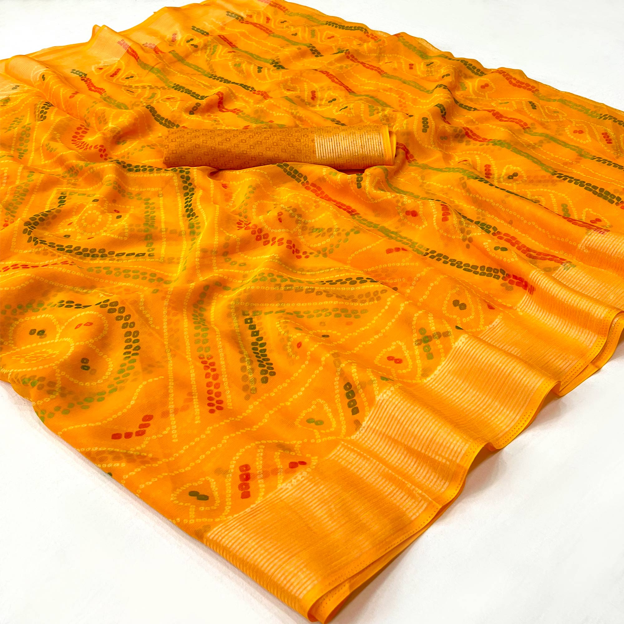 Yellow Bandhani Printed Chiffon Saree