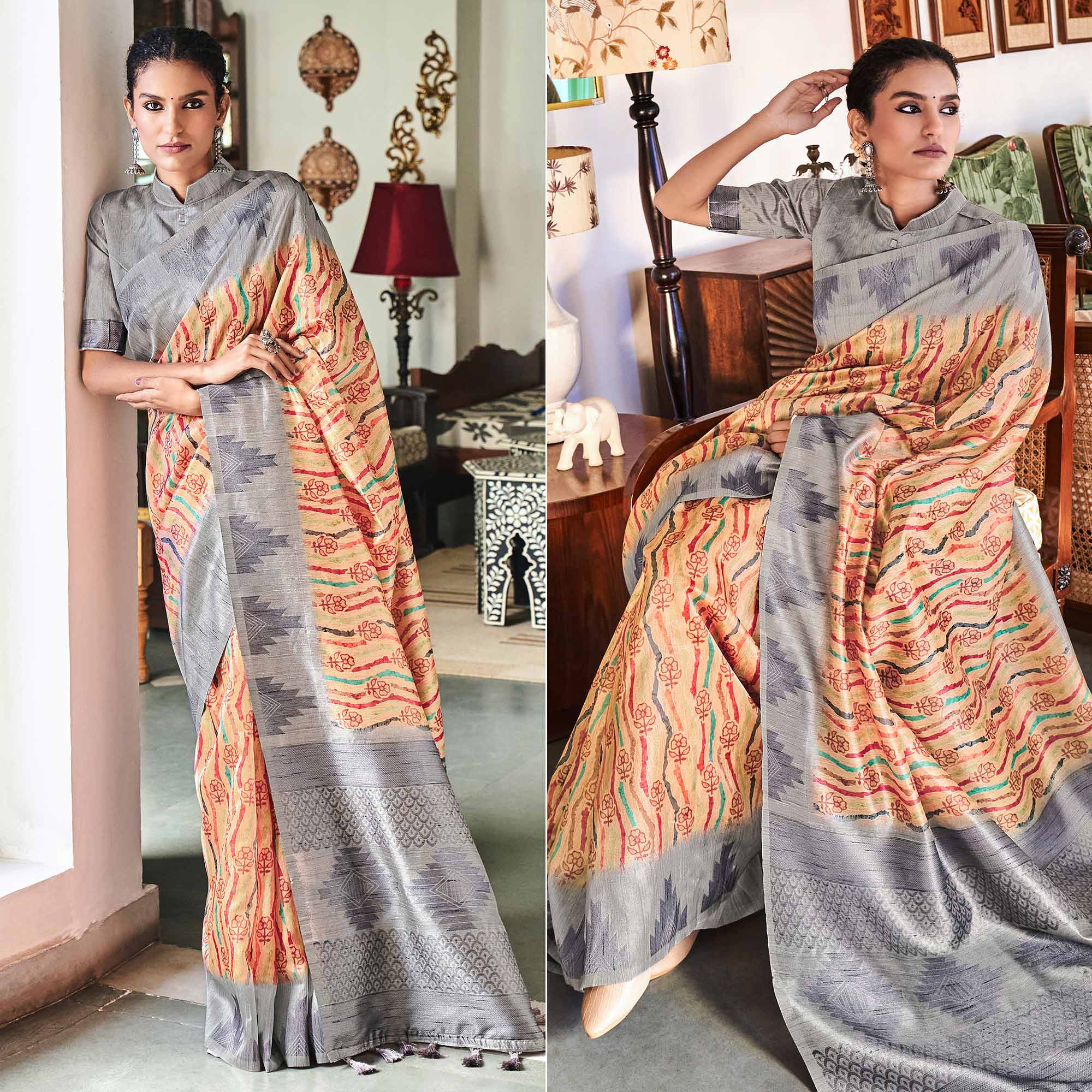 Beige Digital Printed Raw Silk Saree With Tassels