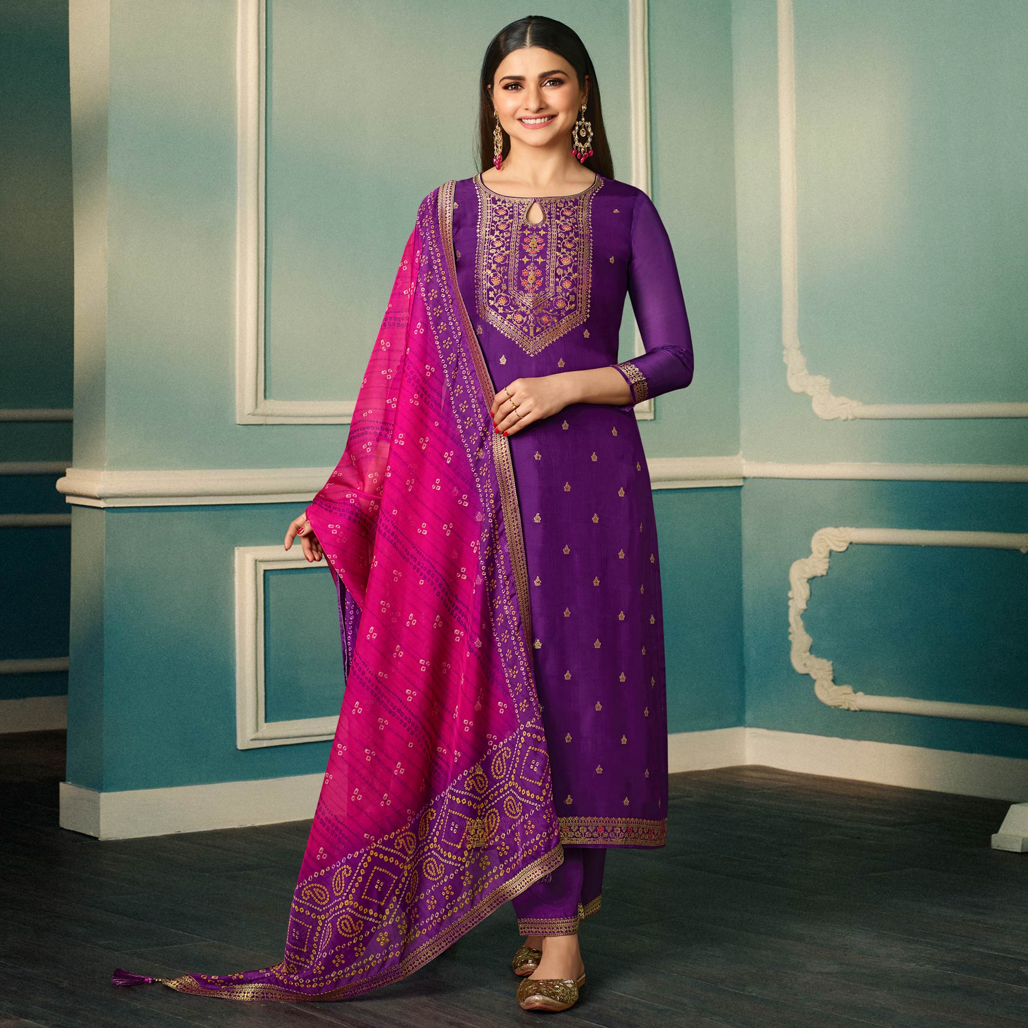Purple Floral Woven Organza Salwar Suit