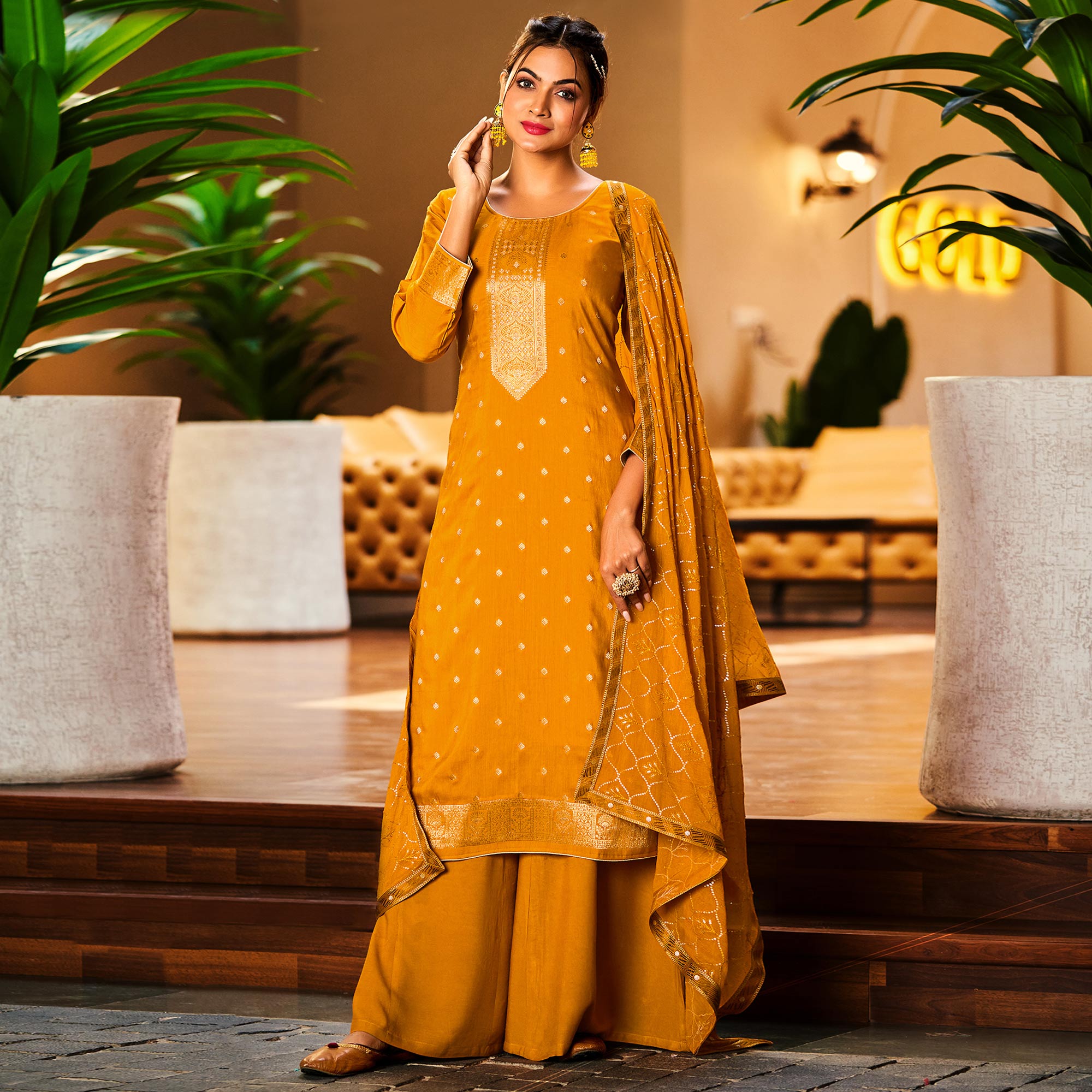 Mustard Woven Muslin Palazzo Suit