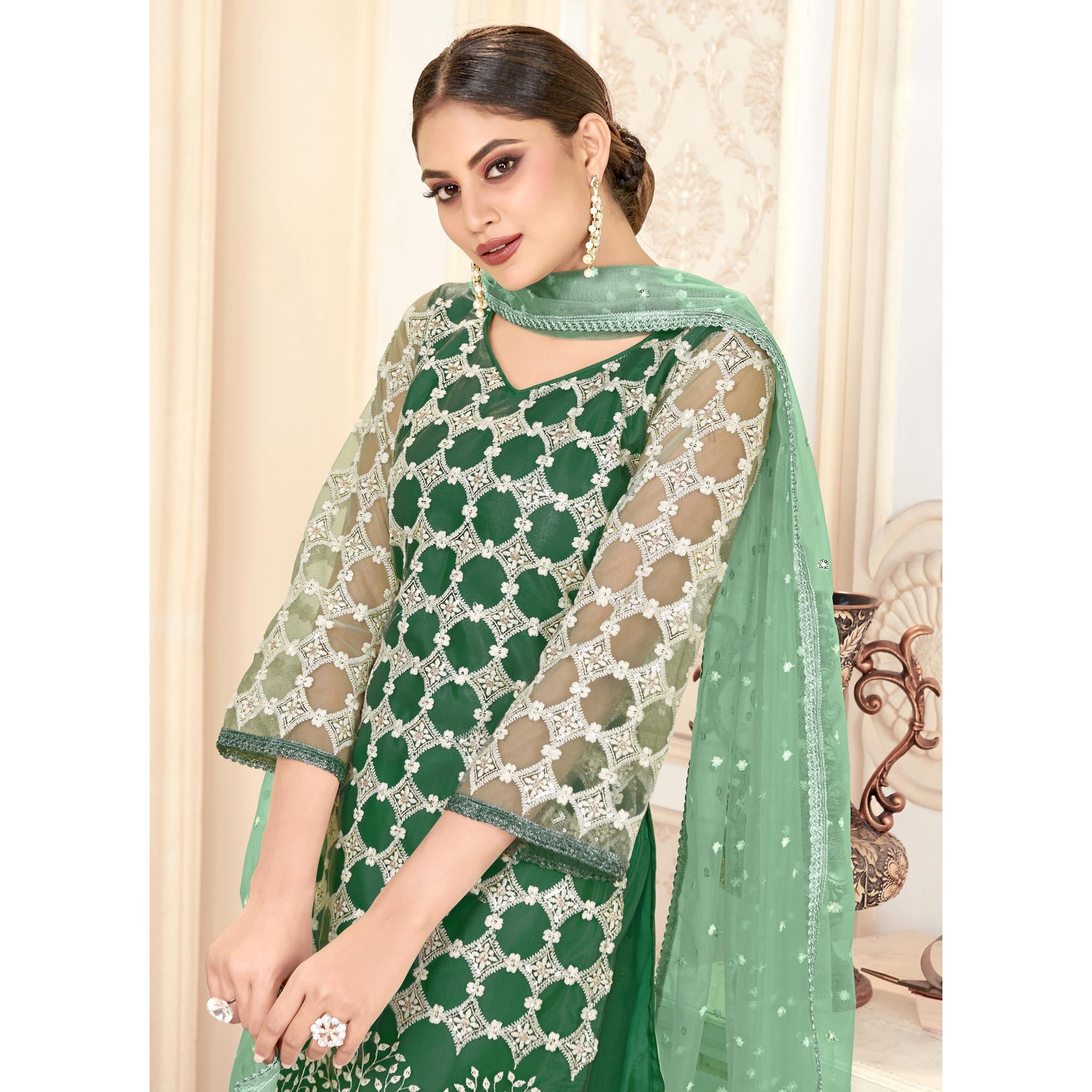 Green Sequins Embroidered Net Semi Stitched Suit