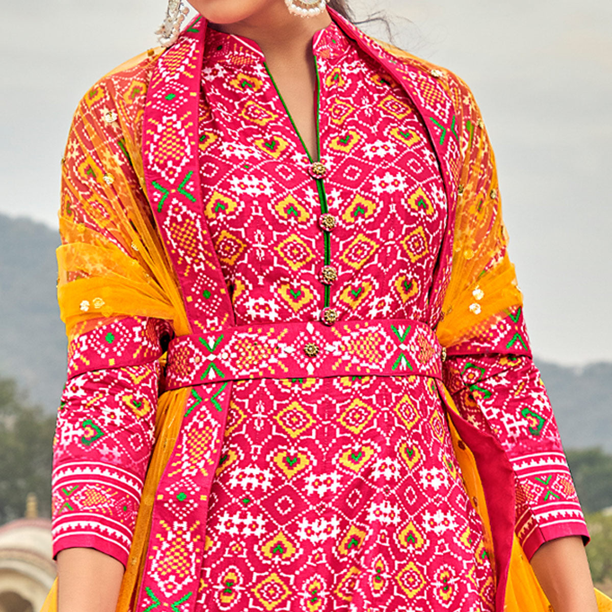 Pink Patola Digital Printed Dola Silk Gown