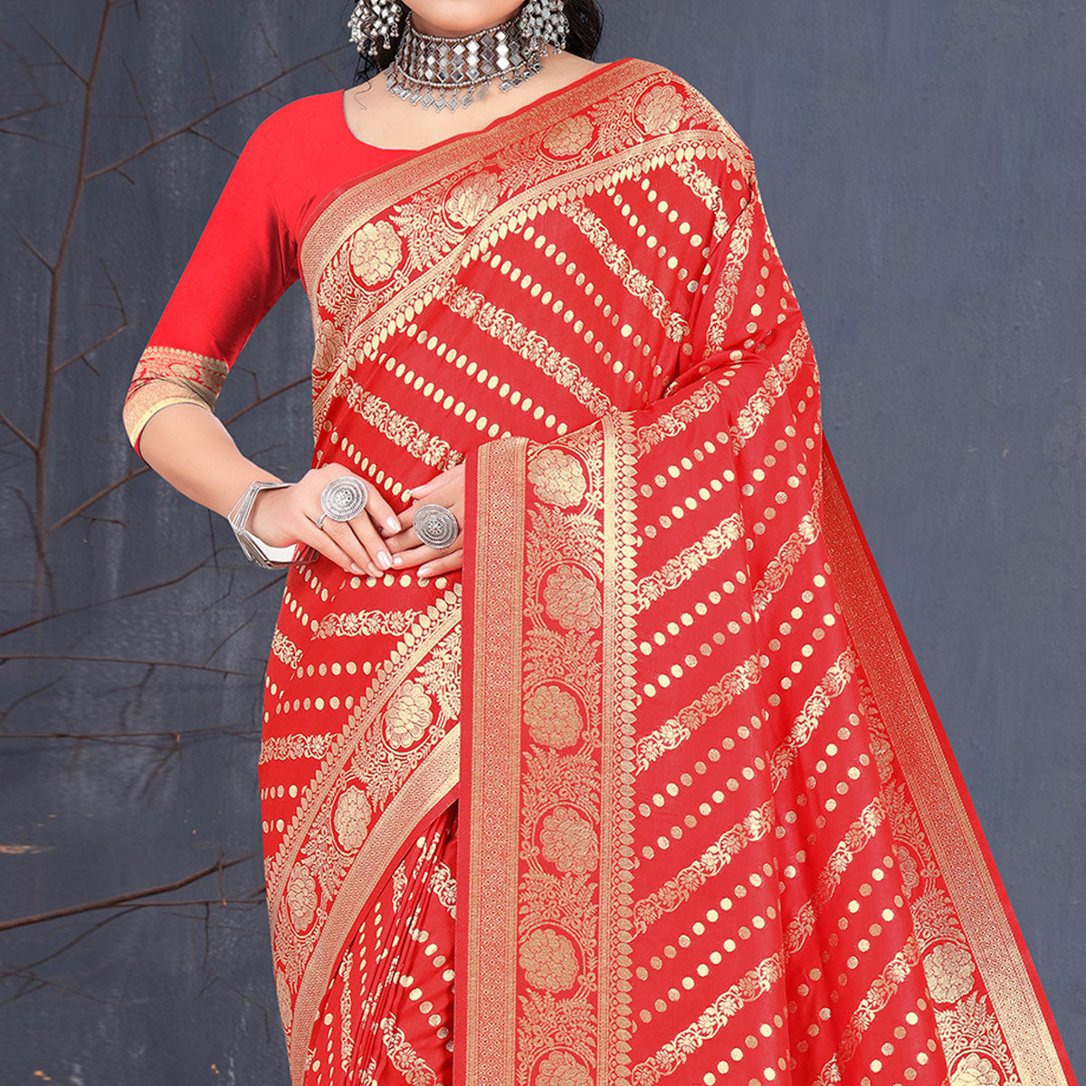 Red Woven Banarasi Silk Saree With Tassels