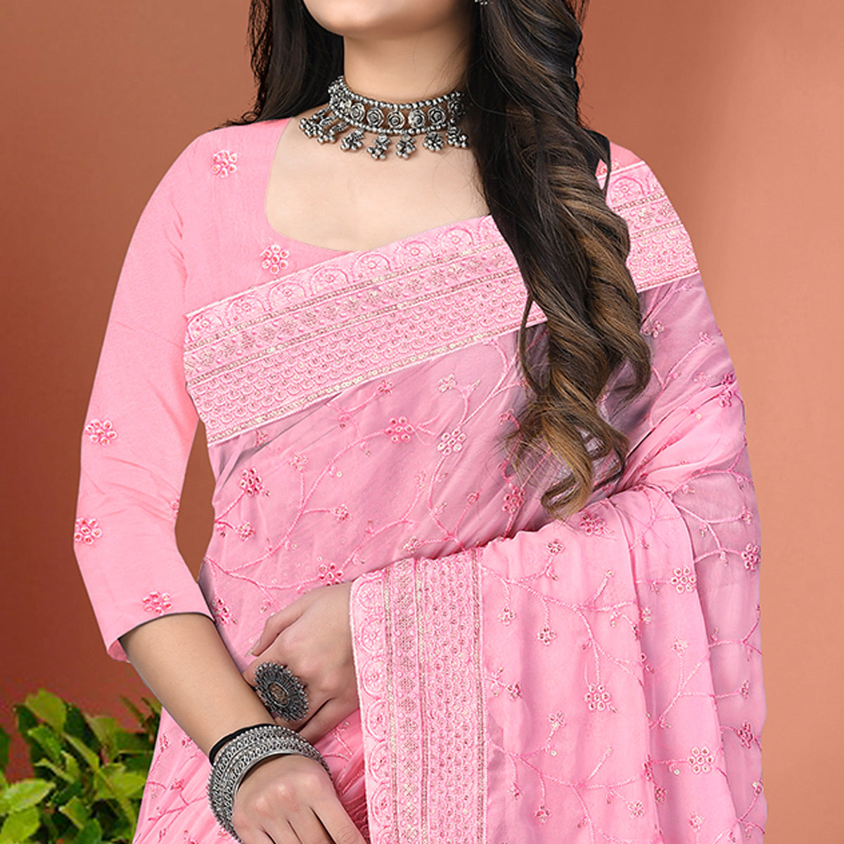 Light Pink Floral Sequins Embroidered Georgette Saree