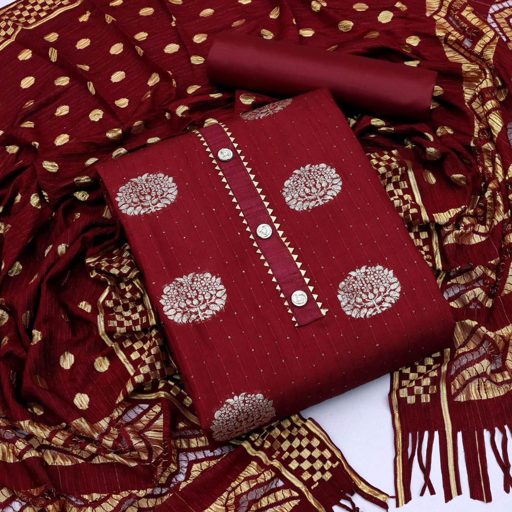 Maroon Woven With Sequins Work Modal Dress Material