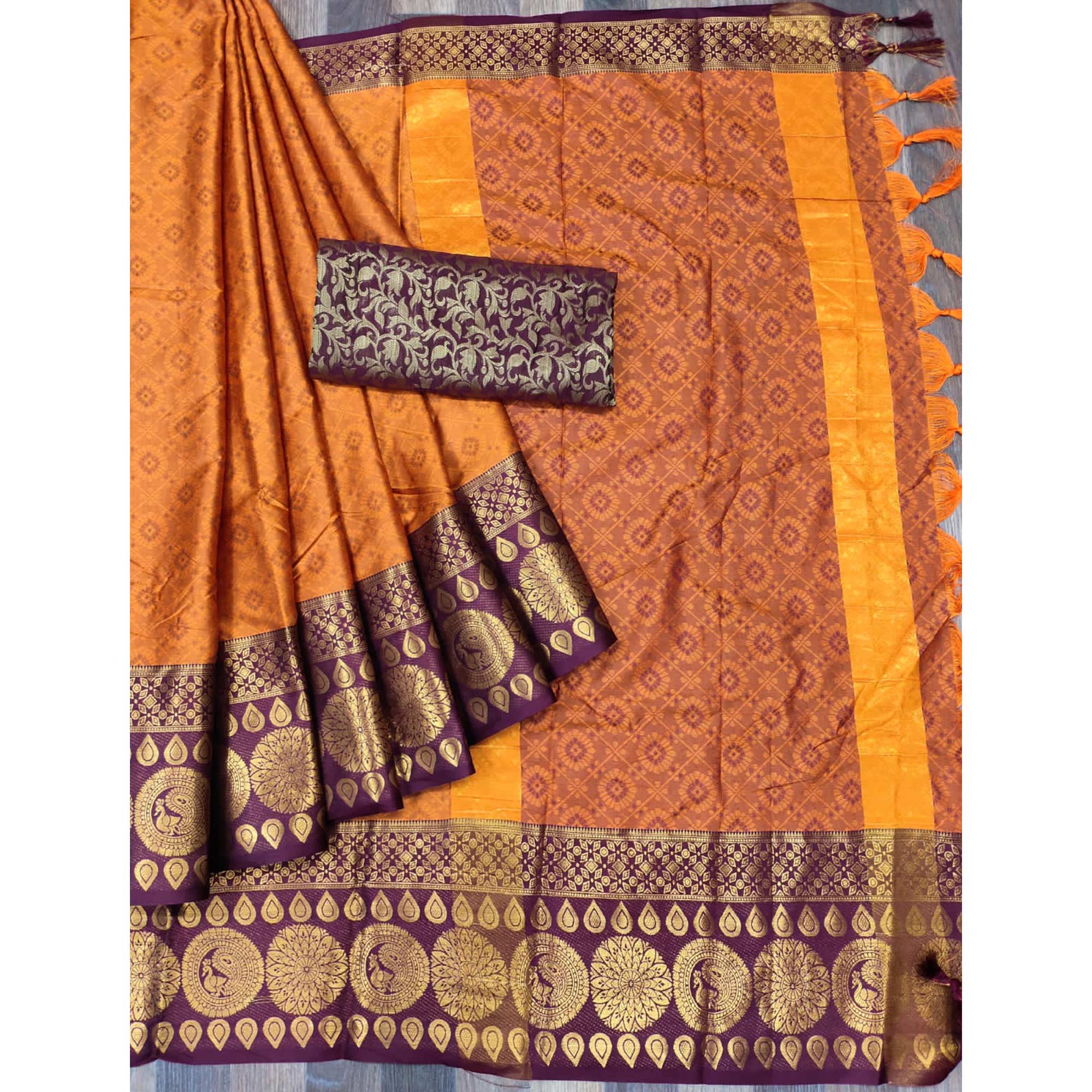 Orange Woven Cotton Silk Saree With Tassels