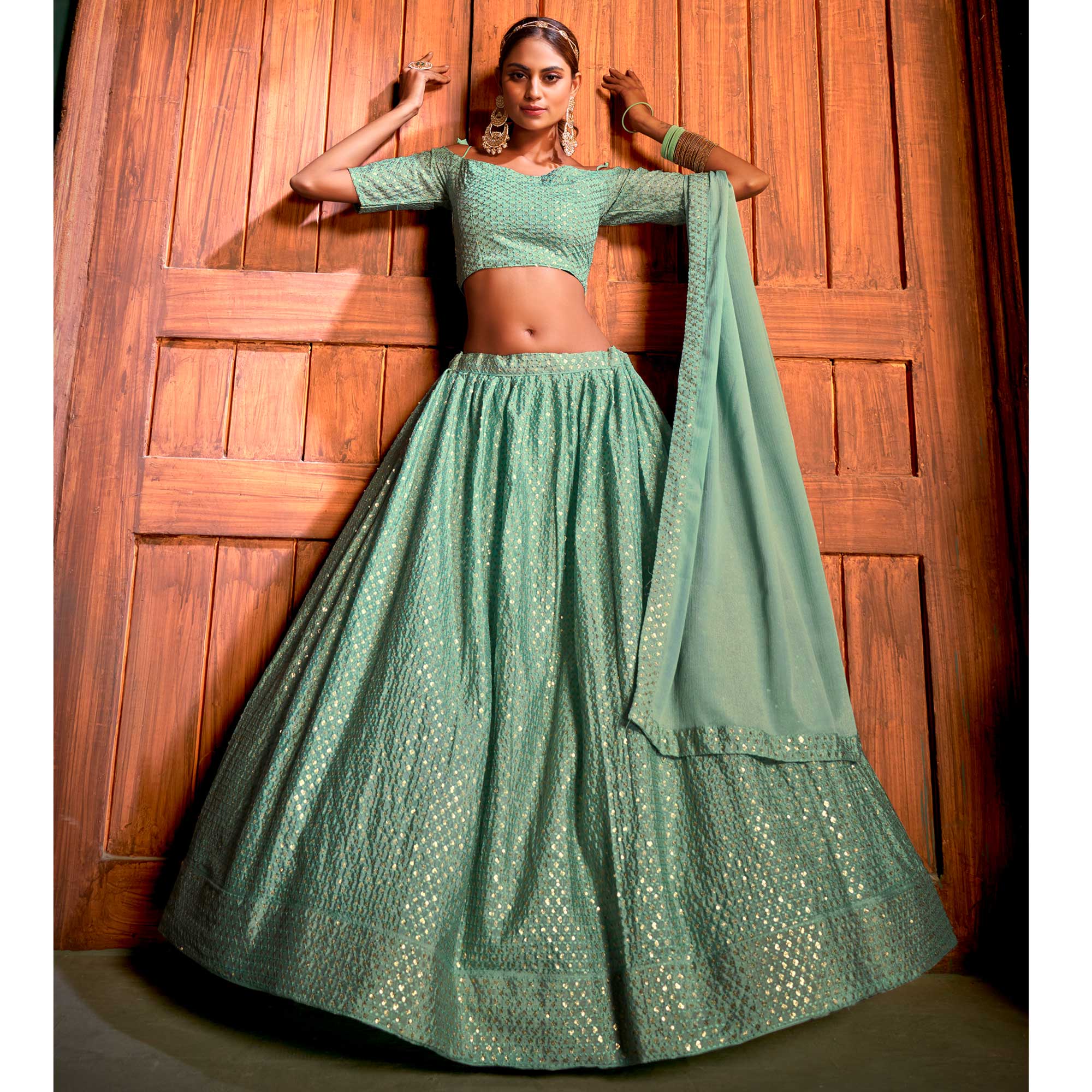 Sea Green Sequins Embroidered Chiffon Lehenga Choli