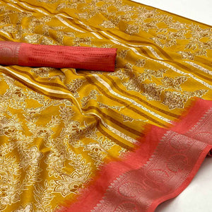 Mustard Floral Printed With Woven Border Dola Silk Saree