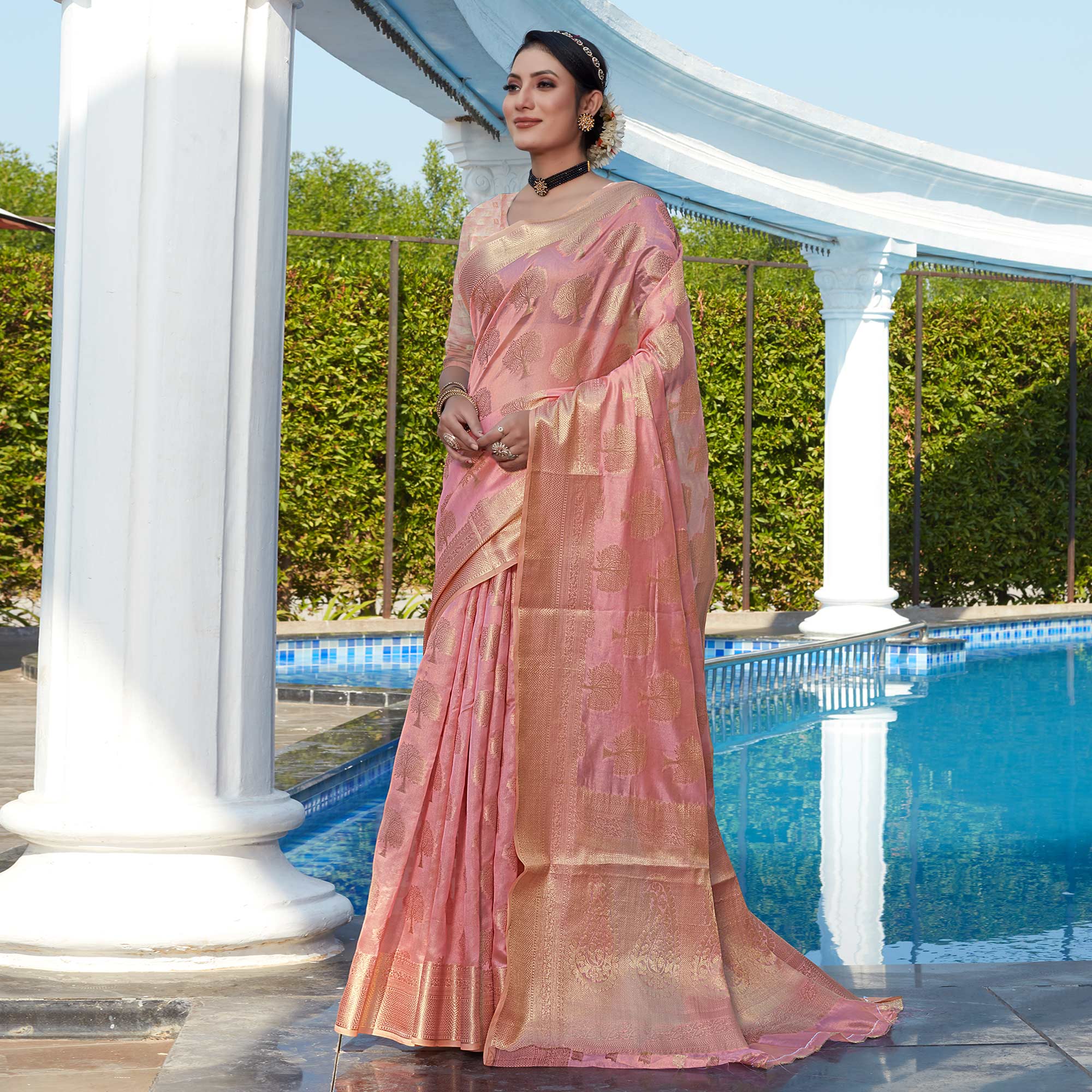 Pink Woven Organza Saree