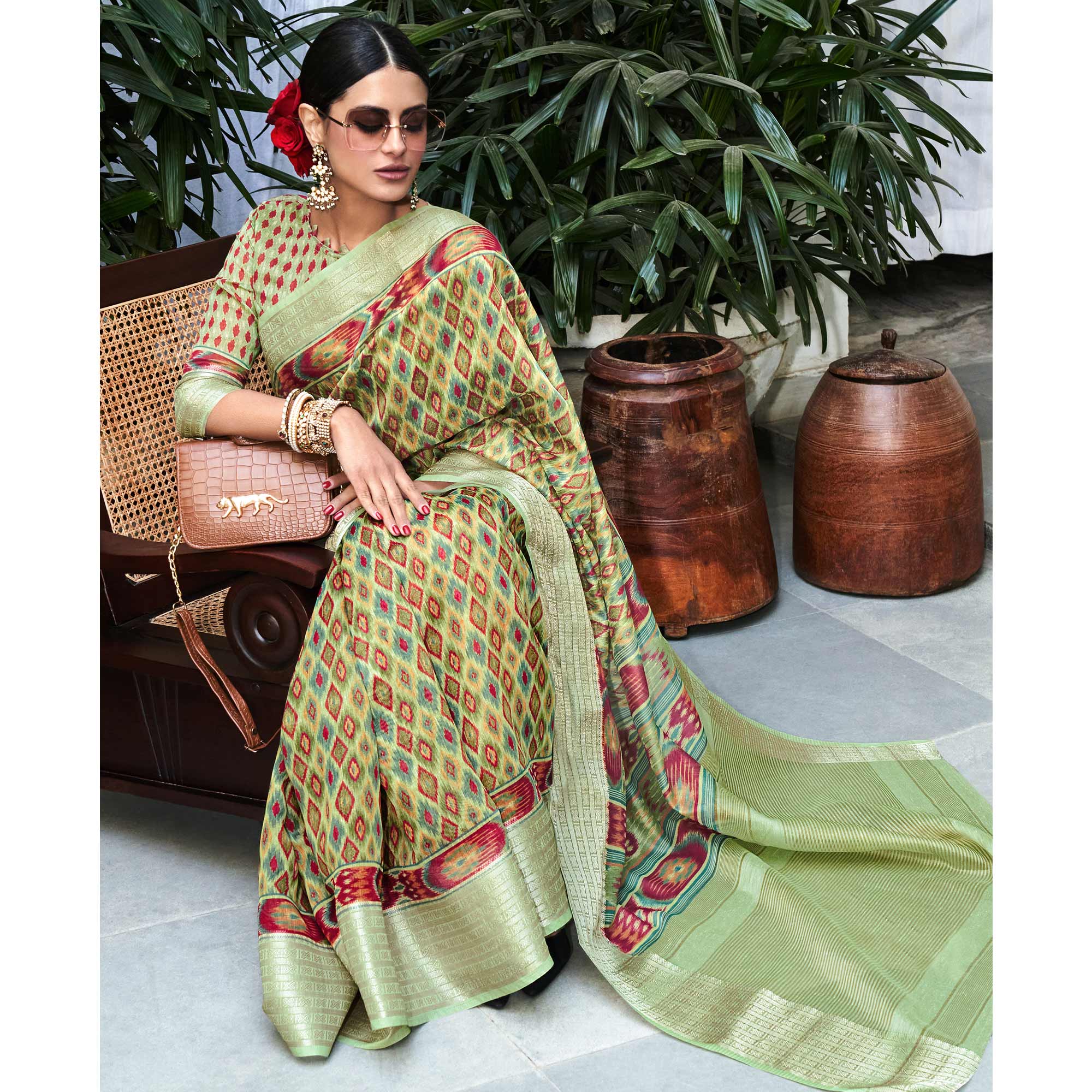 Mint Green Digital Printed Linen Saree