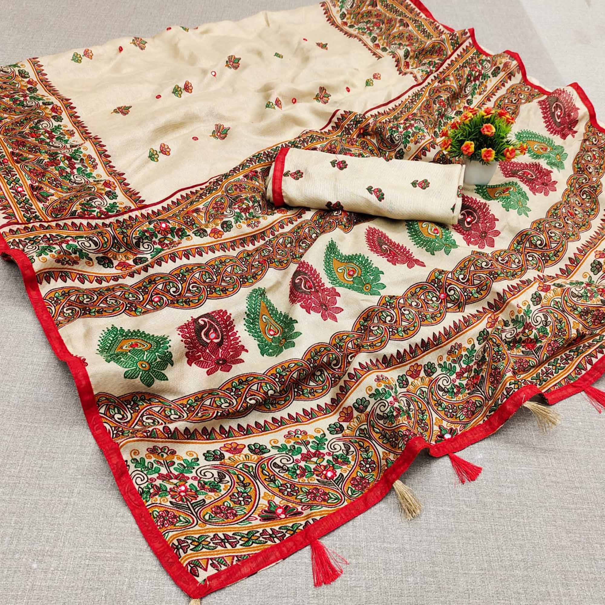 Off White Printed Cotton Blend Saree With Tassels