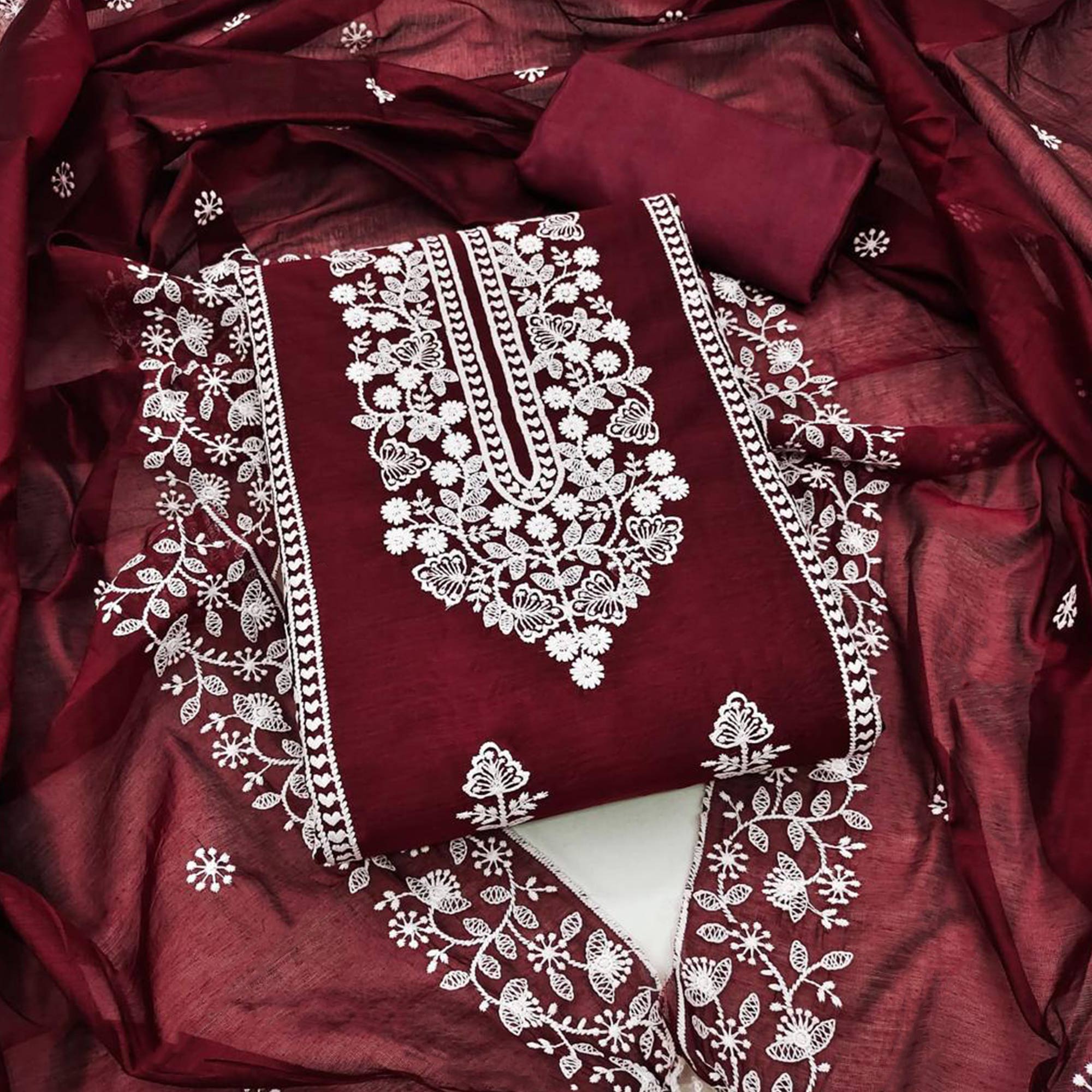 Maroon Floral Embroidered Chanderi Dress Material