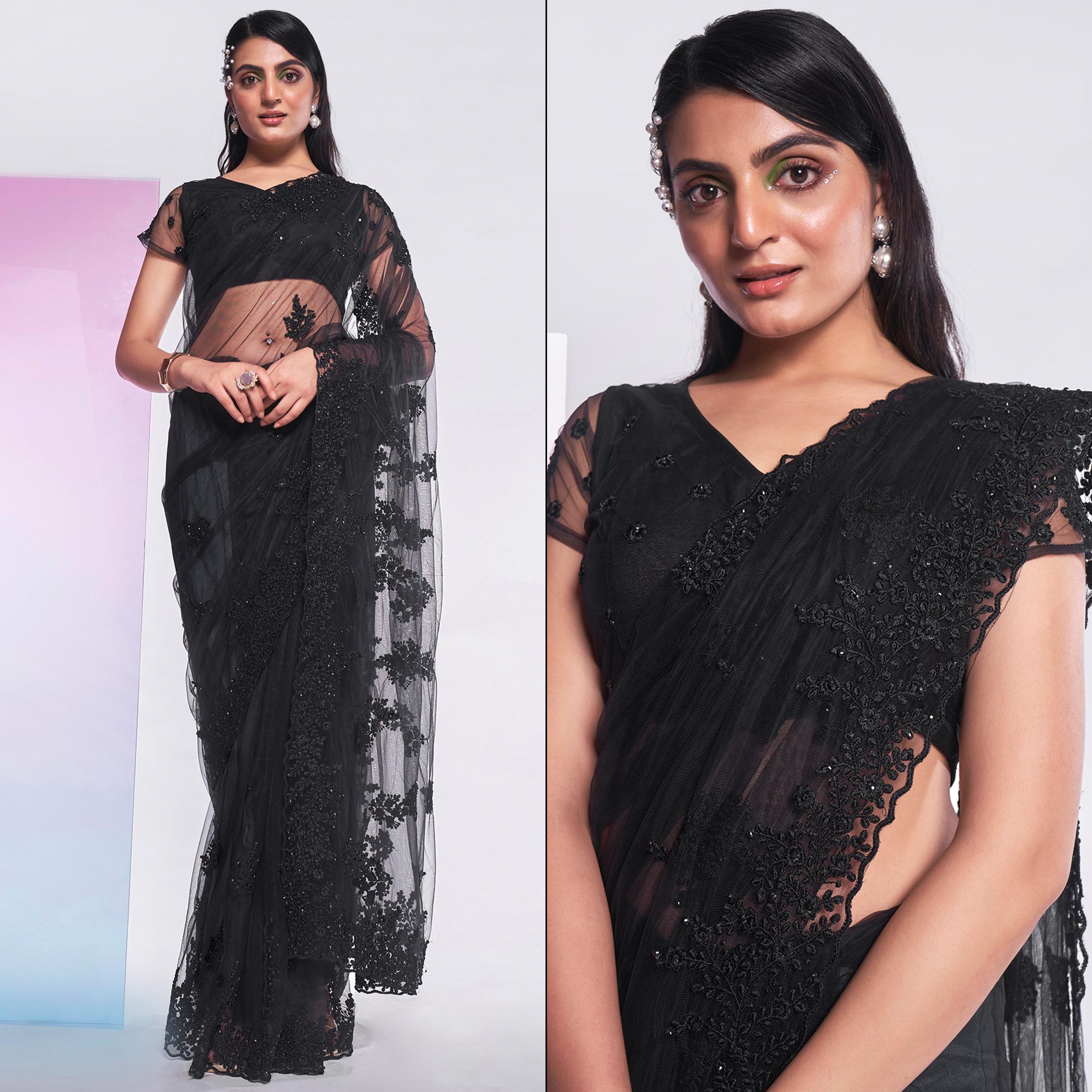 Black Floral Embroidered Net Saree