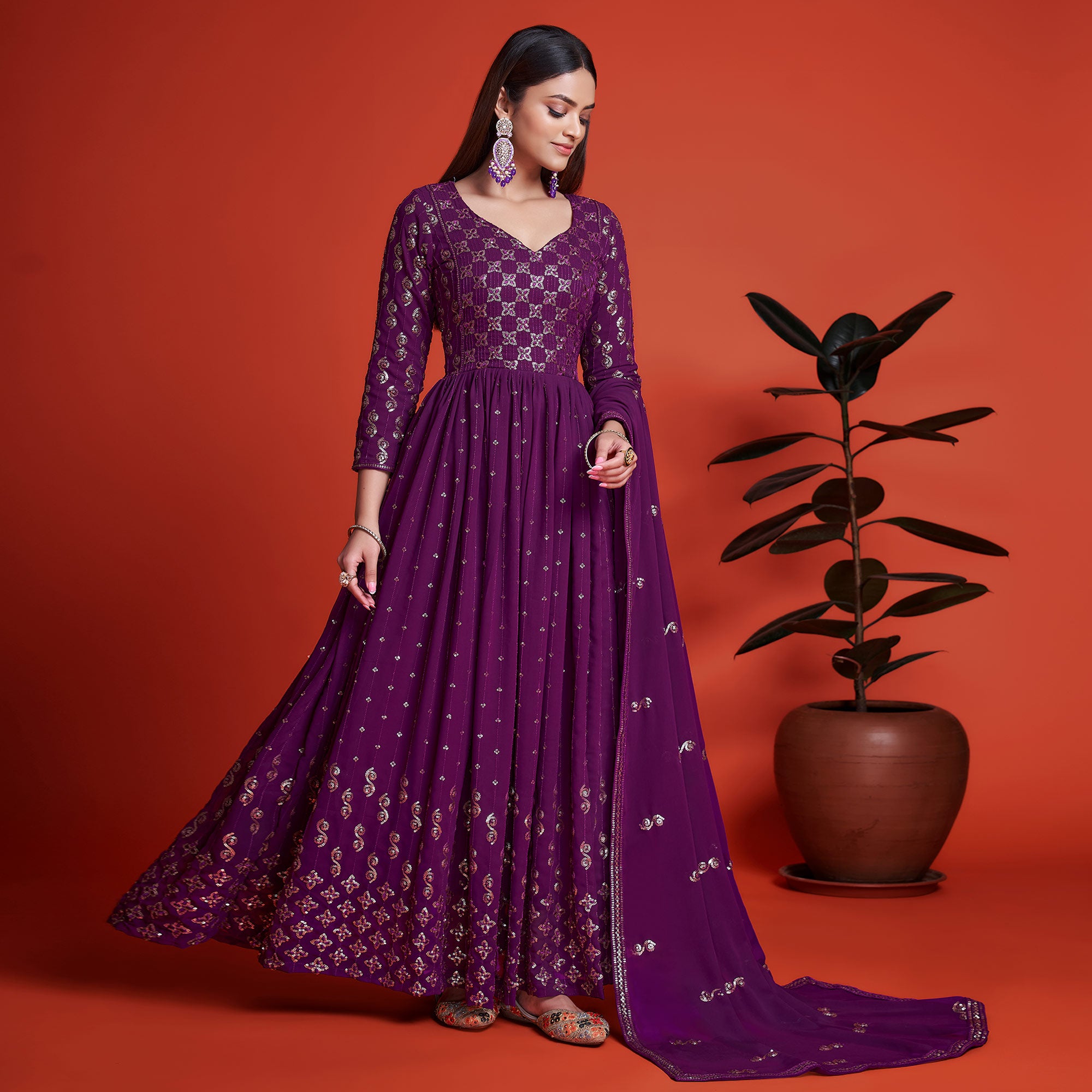 Purple Sequins Embroidered Georgette Gown With Dupatta
