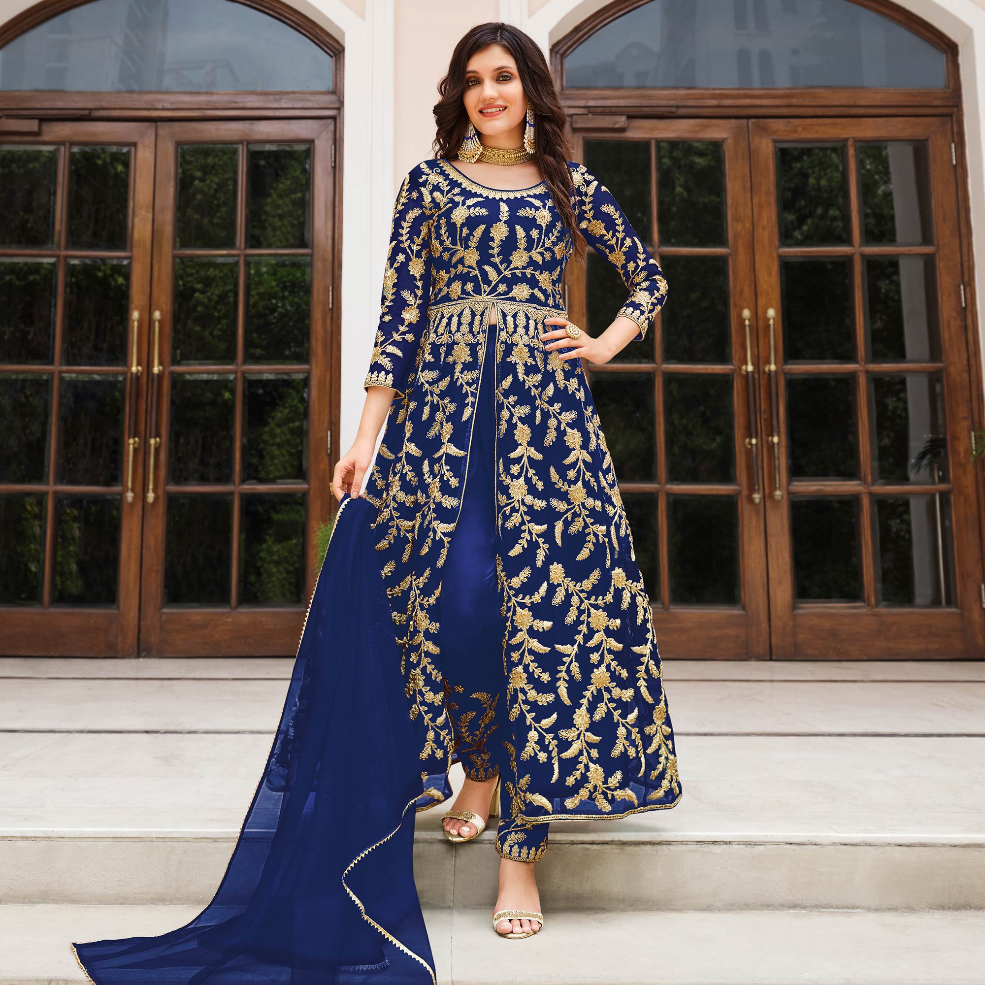 Blue Floral Embroidered Net Suit