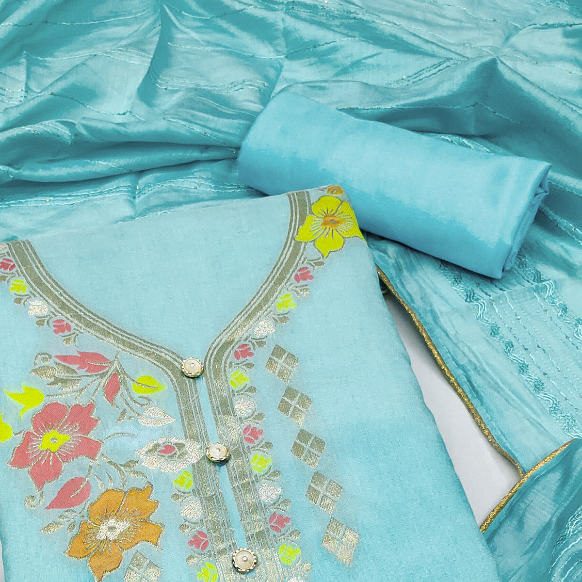 Blue Floral Woven Banarasi Silk Dress Material