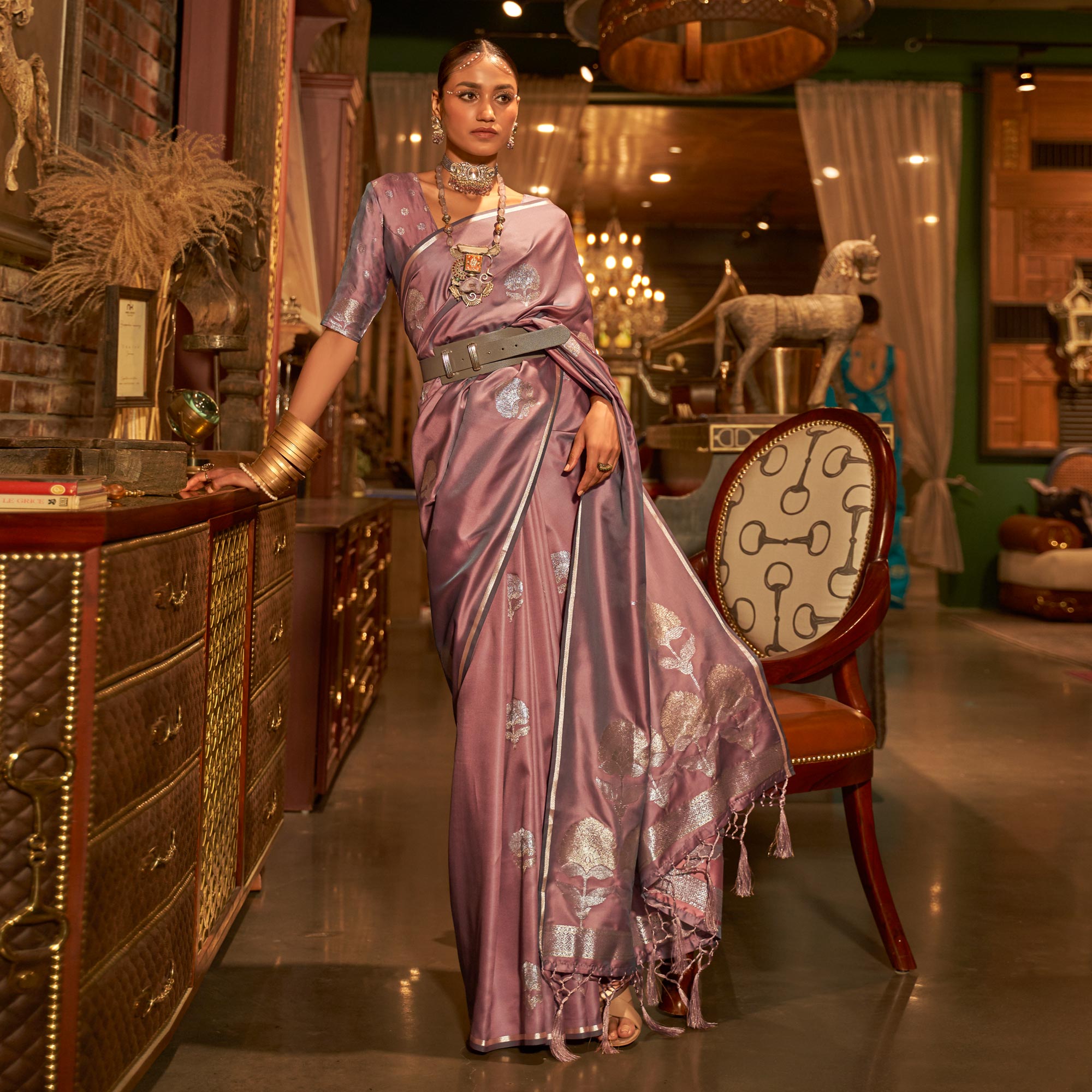 Dusty Pink Floral Woven Satin Saree With Tassels