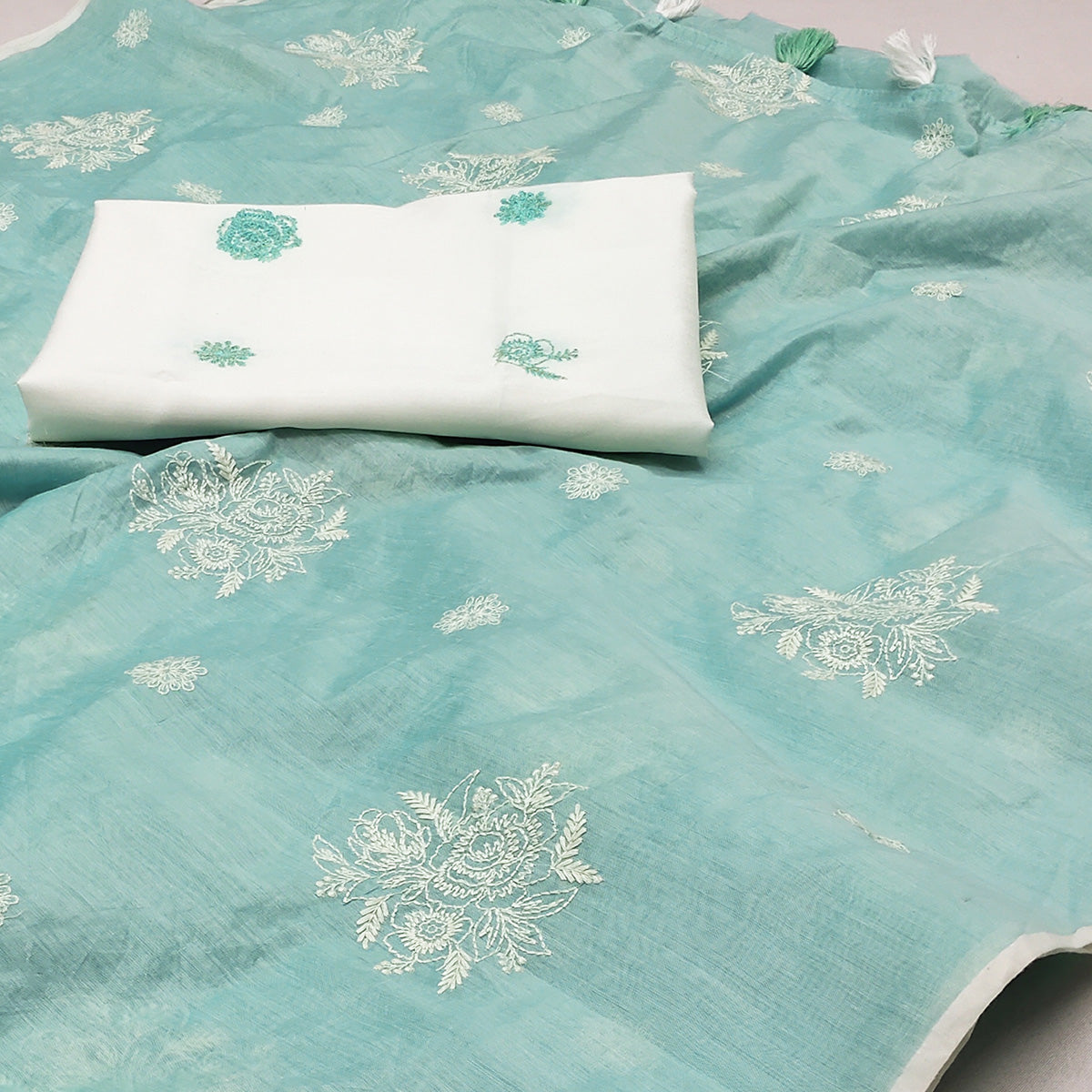 Blue Floral Embroidered Chanderi Saree With Tassels
