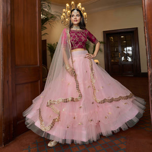 Baby Pink Sequins Embroidered Netted Lehenga Choli