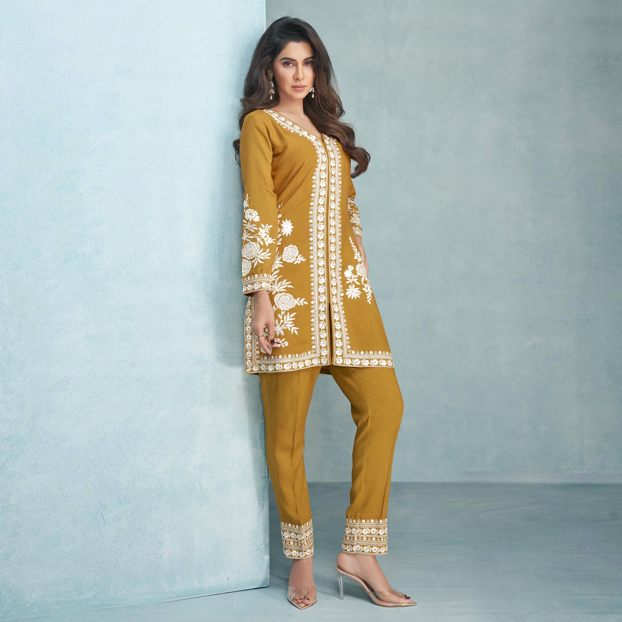 Mustard Floral Embroidered Rayon Kurti Co Ord Set