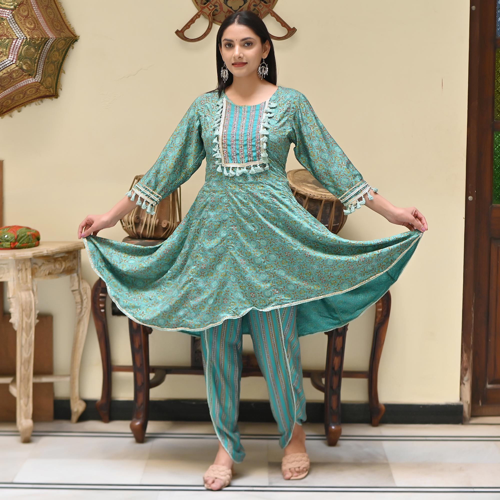 Sea Green Printed Muslin Kurti With Dhoti Set