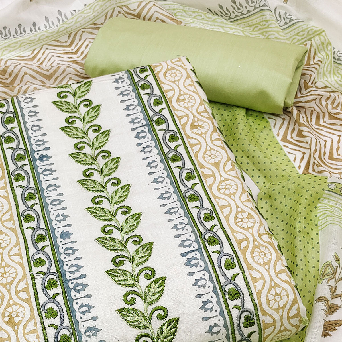Green Floral Embroidered Pure Cotton Dress Material