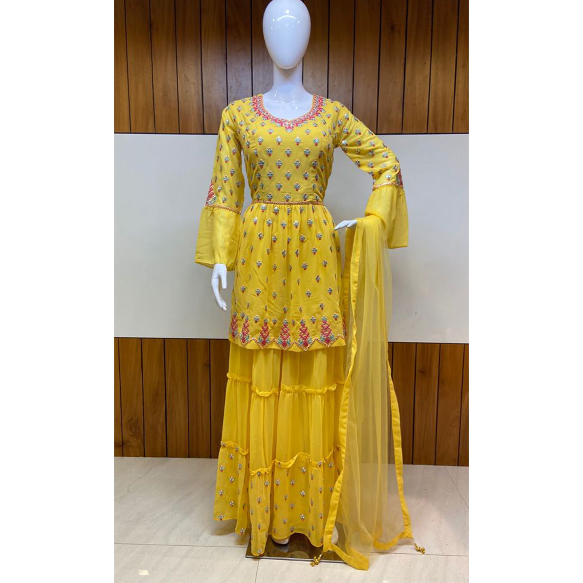 Yellow Floral Embroidered Georgette Sharara Suit