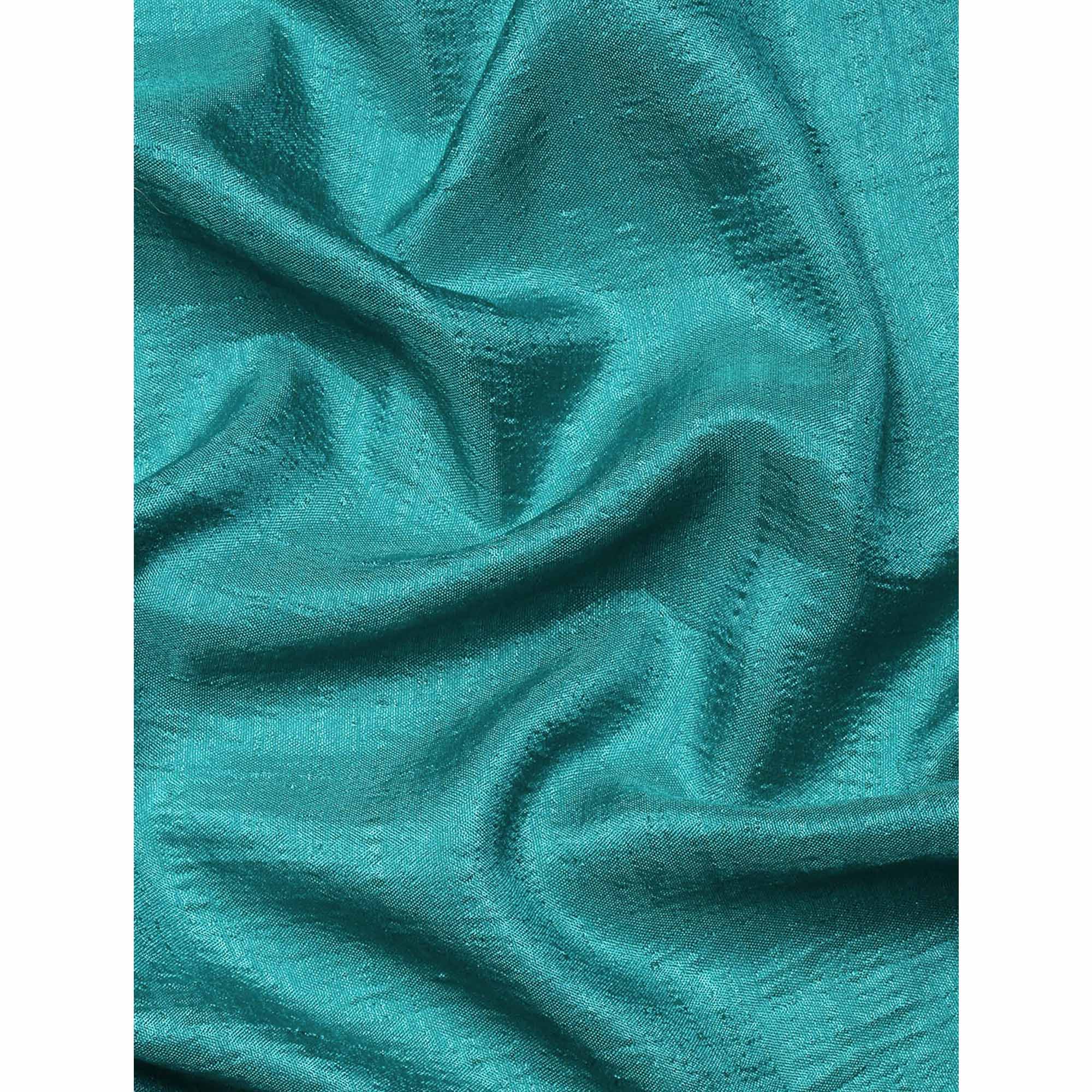 Turquoise Blue Solid Vichitra Silk Saree With Fancy Border