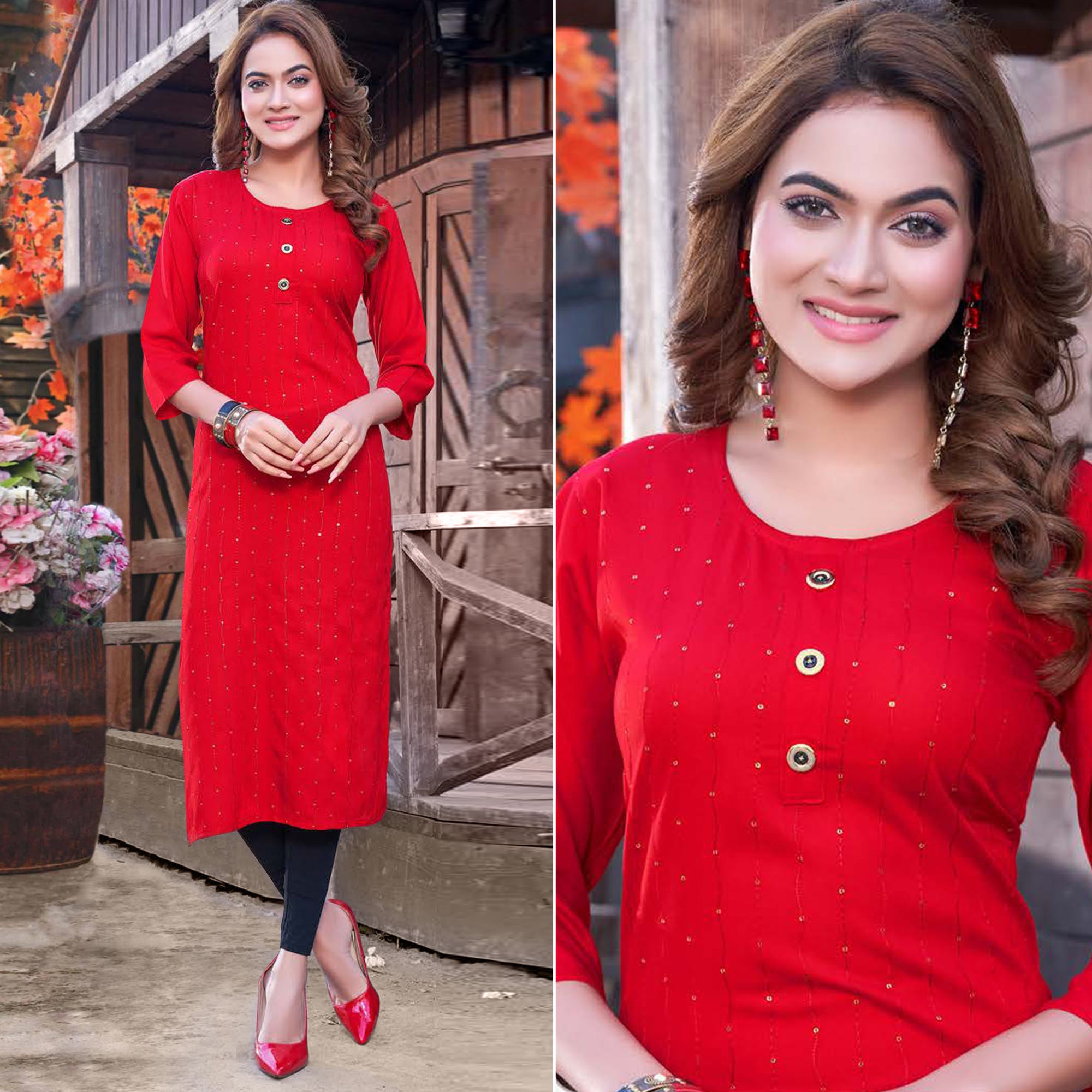 Red Sequins Embroidered Rayon Kurti