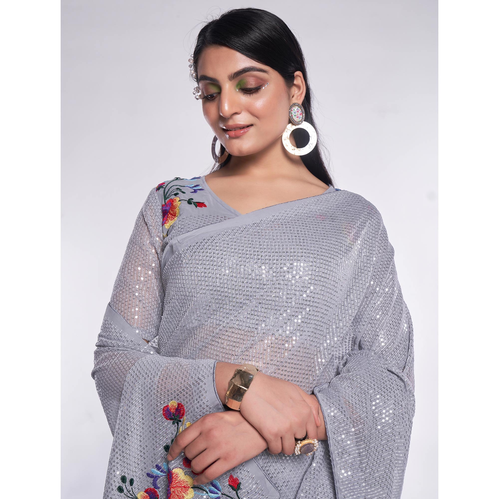 Grey Sequins Embroidered Georgette Saree